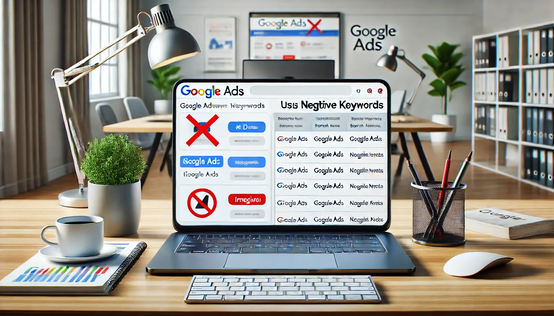 A digital workspace with a laptop showing a Google Ads dashboard, with irrelevant search terms highlighted and warning symbols indicating the lack of negative keywords.