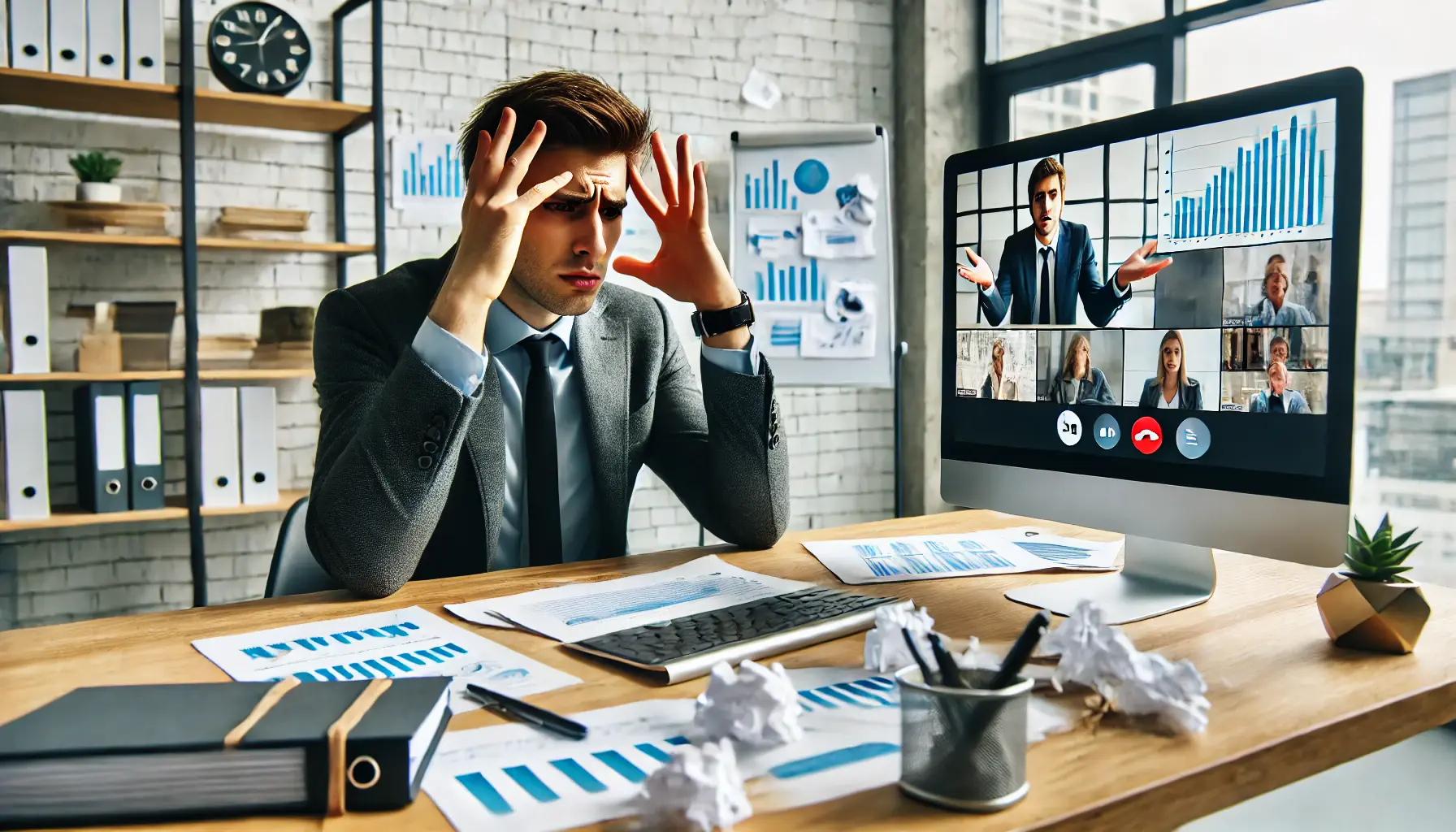 A business professional and third-party partner on a video call, both looking frustrated due to poor communication and unclear visuals.