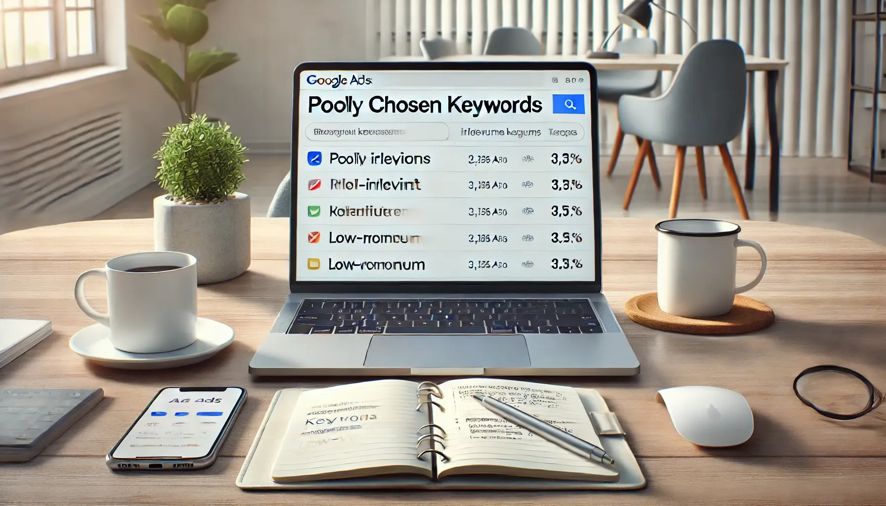 A laptop displaying the Google Ads interface with poorly chosen keywords, set on a desk with a coffee mug, notebook, and smartphone.