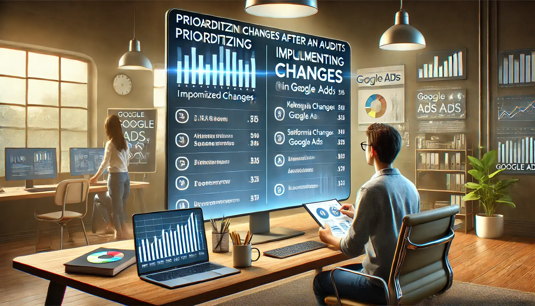 A digital marketer reviewing a prioritized list of changes and improvements on a large screen in a modern office.