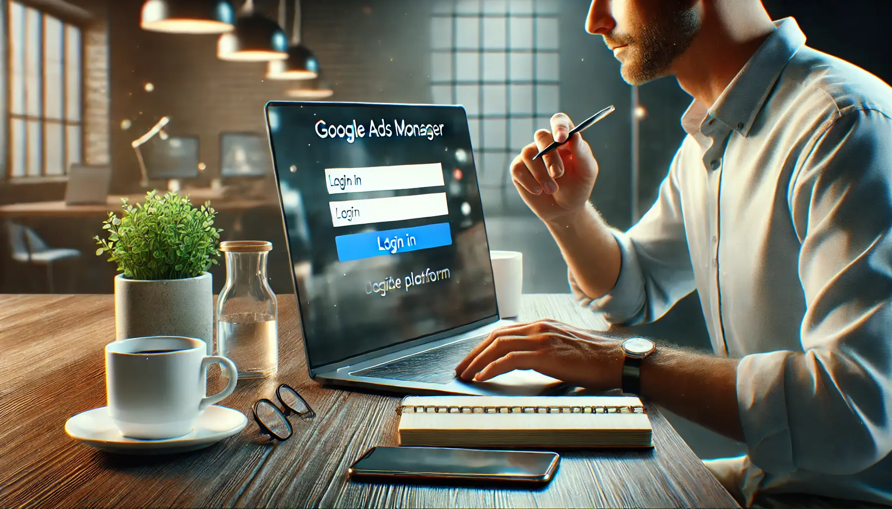 A person signing in to a digital platform on a laptop in a modern office setting, representing the first step of accessing Google Ads Manager.