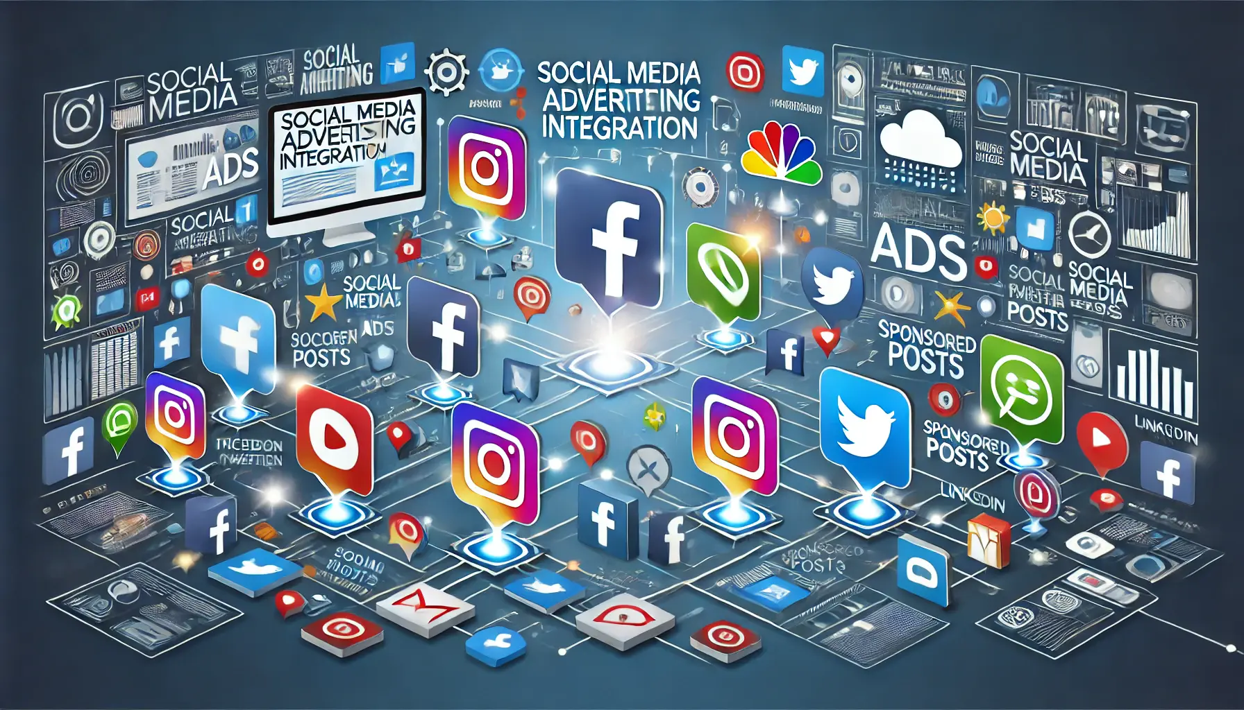 An image illustrating social media advertising integration, with icons representing platforms like Facebook, Instagram, Twitter, and LinkedIn, showing interconnected ads and sponsored posts.