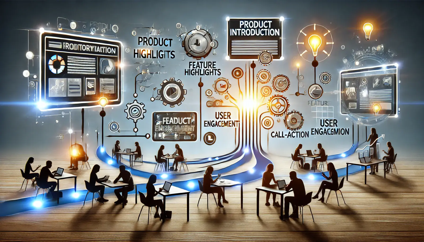 A sequence of connected visuals symbolizing storytelling in ad campaigns, showing product introduction, feature highlights, user engagement, and a call-to-action.