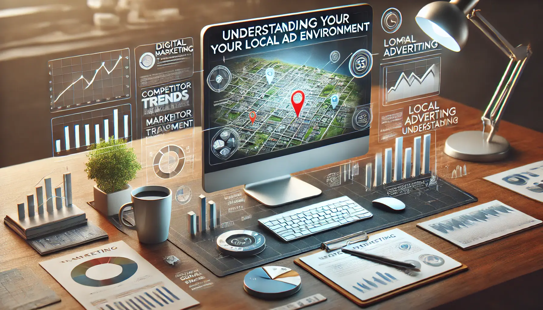 A digital marketing workspace displaying a map of a local area with market trends and competitor locations, surrounded by graphs, charts, and a notepad with market insights.