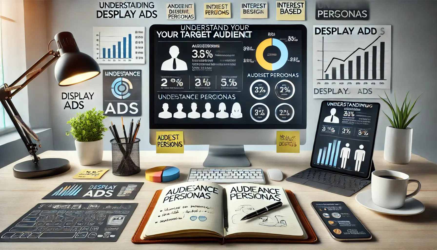 A professional workspace with a monitor displaying user demographics and analytics, surrounded by audience personas and data tools.