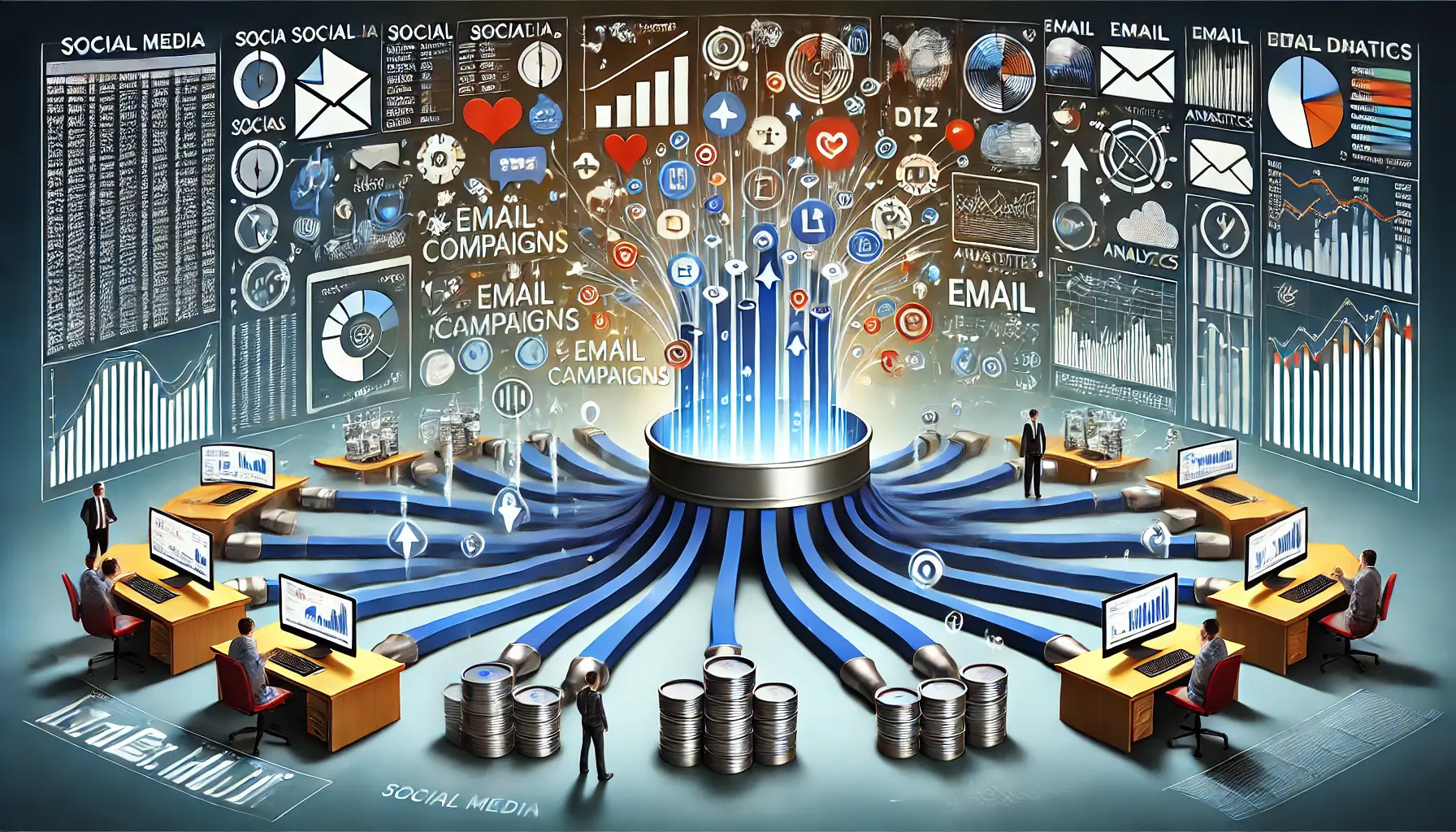 An image depicting the unification of data from various sources, such as social media, websites, and email campaigns, funneling into a central dashboard.