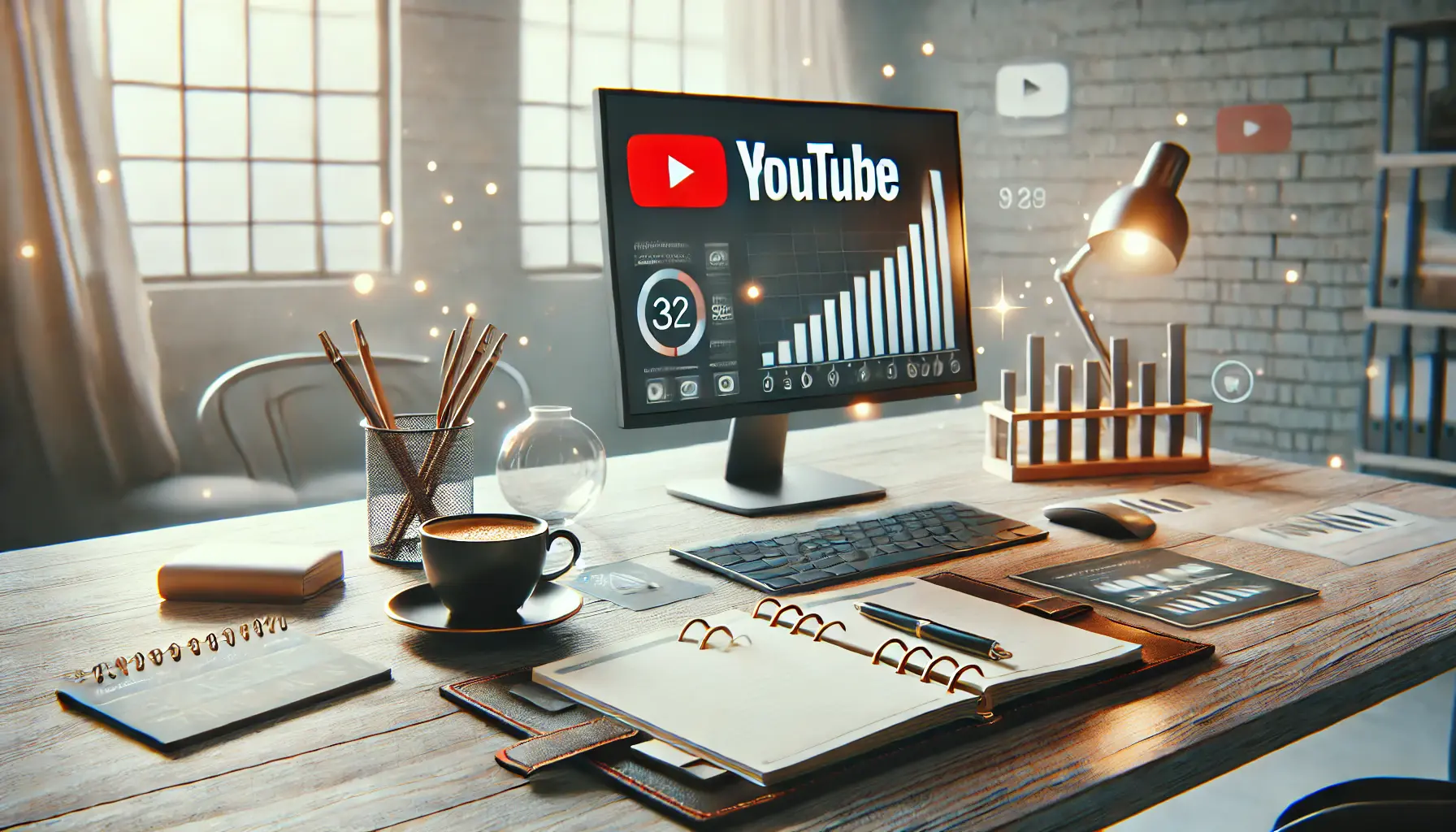 A professional digital workspace showcasing YouTube analytics on a screen with a planner and coffee cup, representing budget-focused strategies.