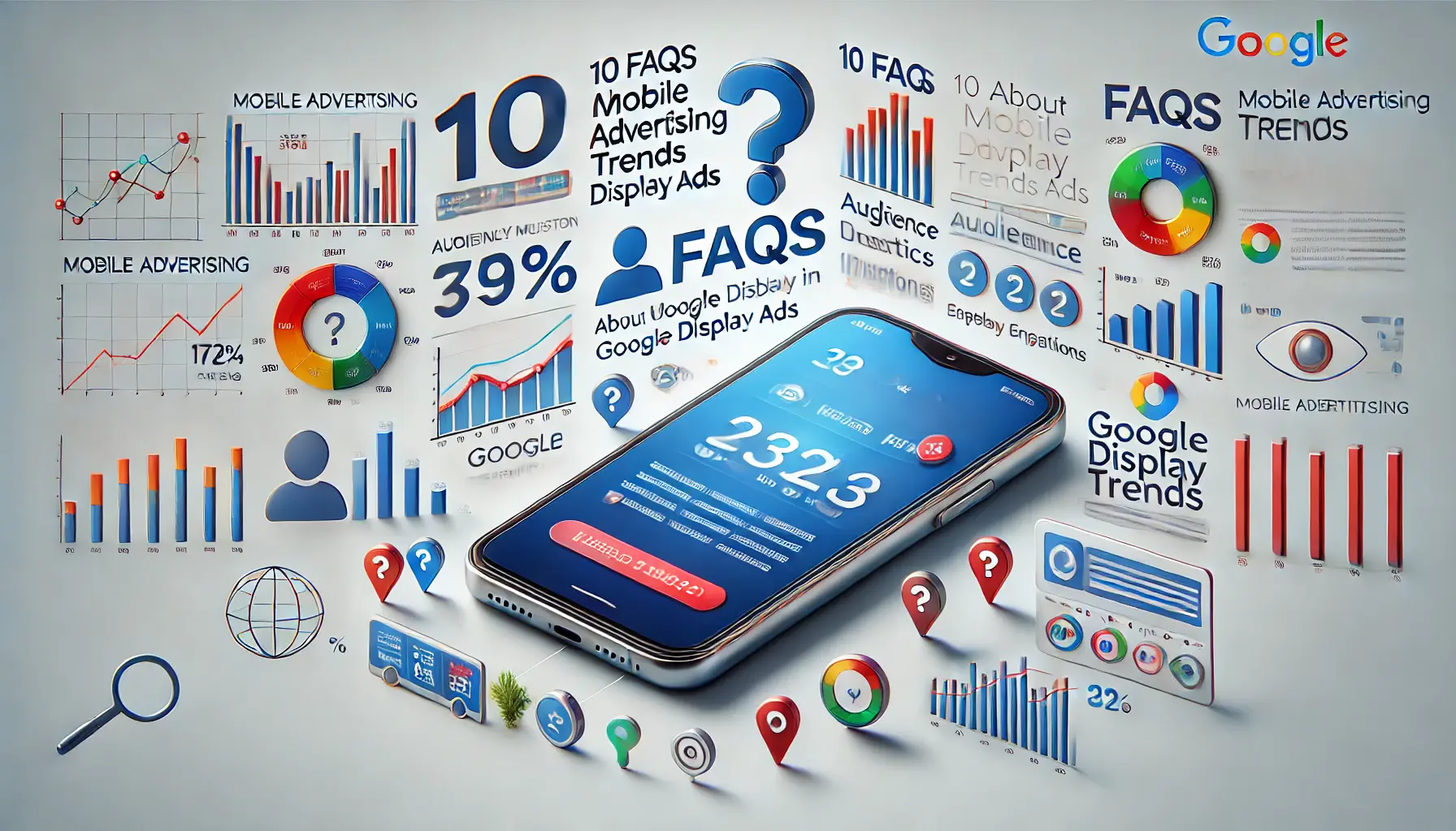 Illustration of mobile advertising trends with a smartphone displaying ads, trend indicators, and audience engagement metrics.