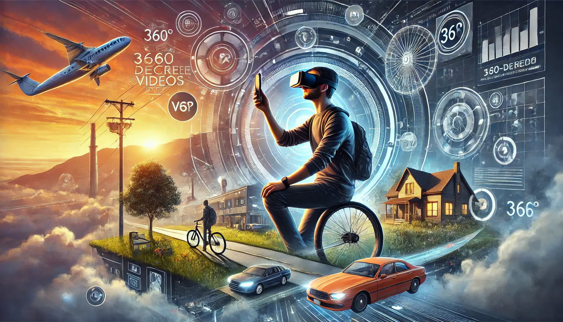 An illustration showing a user engaged in a 360-degree video experience, wearing VR glasses or using a smartphone to explore dynamic visuals from all angles.