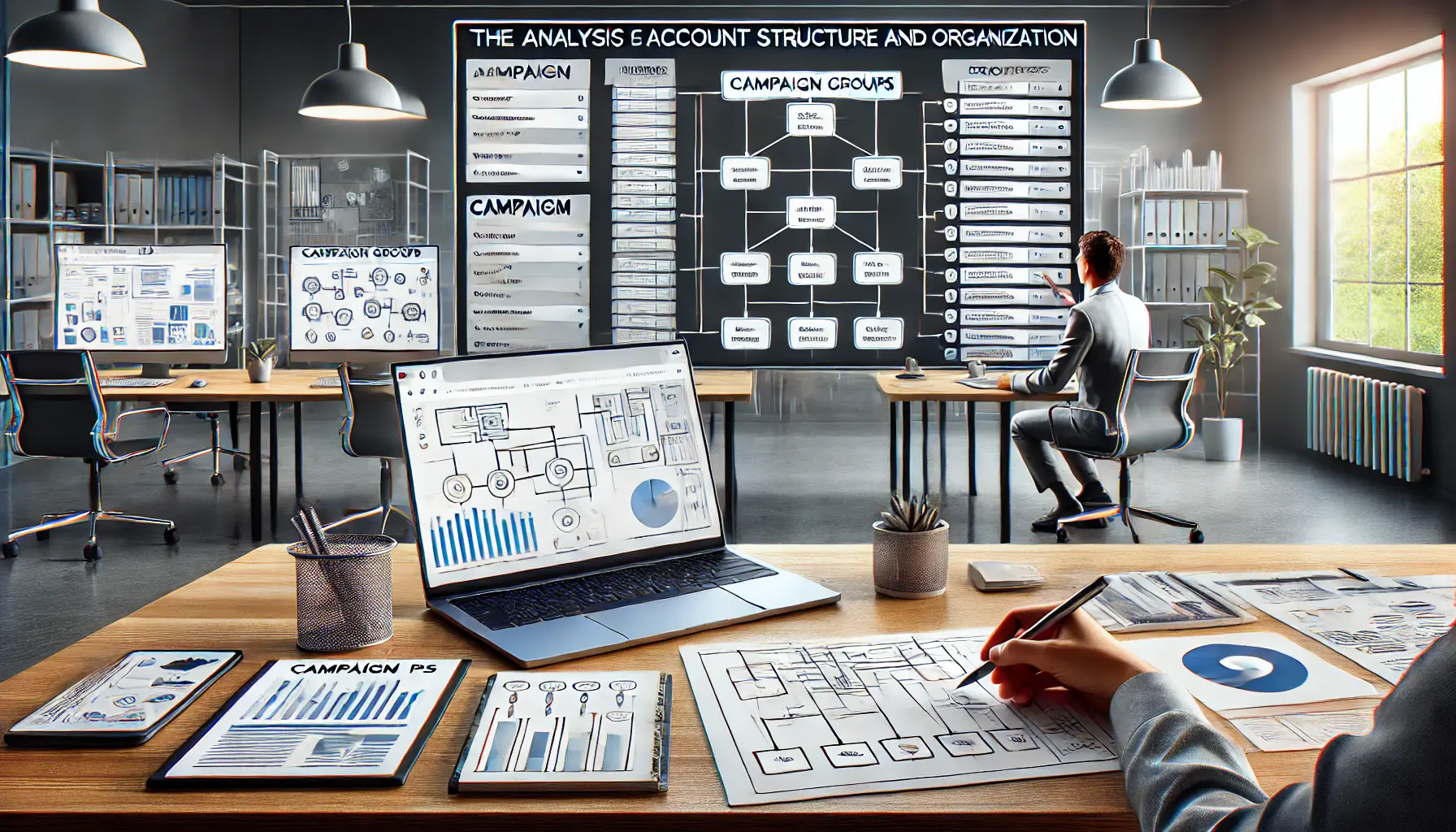 A digital marketer analyzing account structure with charts and hierarchical diagrams on a large screen in a modern workspace.