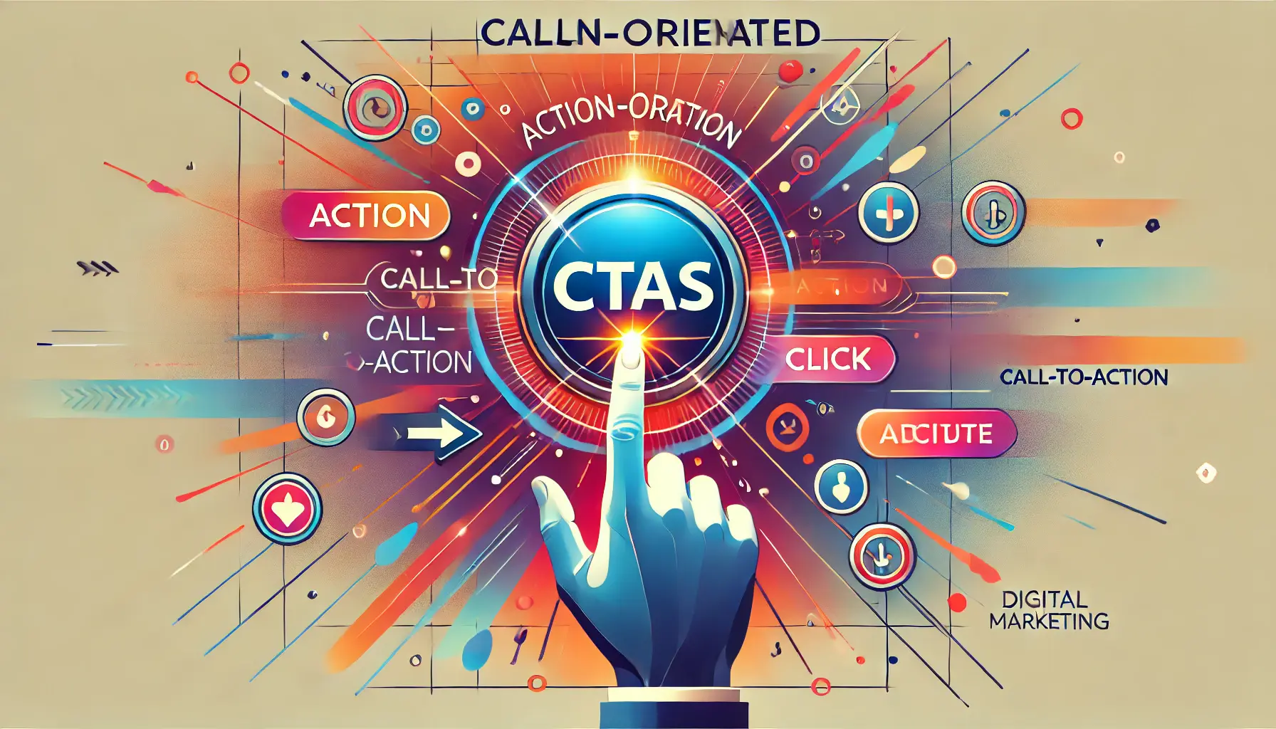 An image showcasing a glowing call-to-action button with arrows pointing toward it and a hand poised to click, surrounded by dynamic elements.