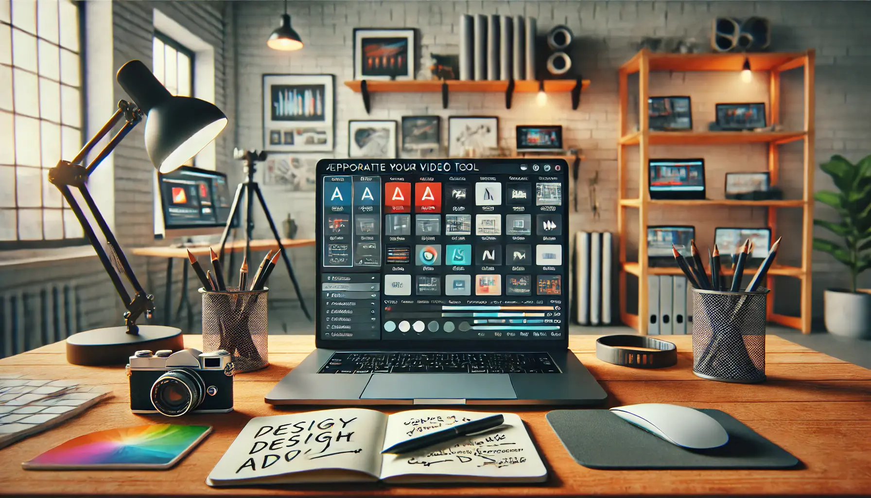 Professional workspace with a laptop displaying a comparison of video editing software options and creative tools on the desk.