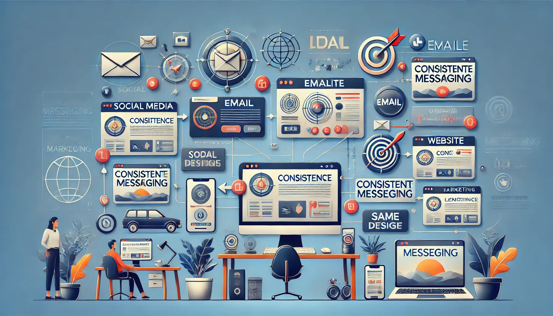 An image illustrating consistent messaging across marketing channels, with social media, email, and website elements all featuring unified logos, colors, and visuals.