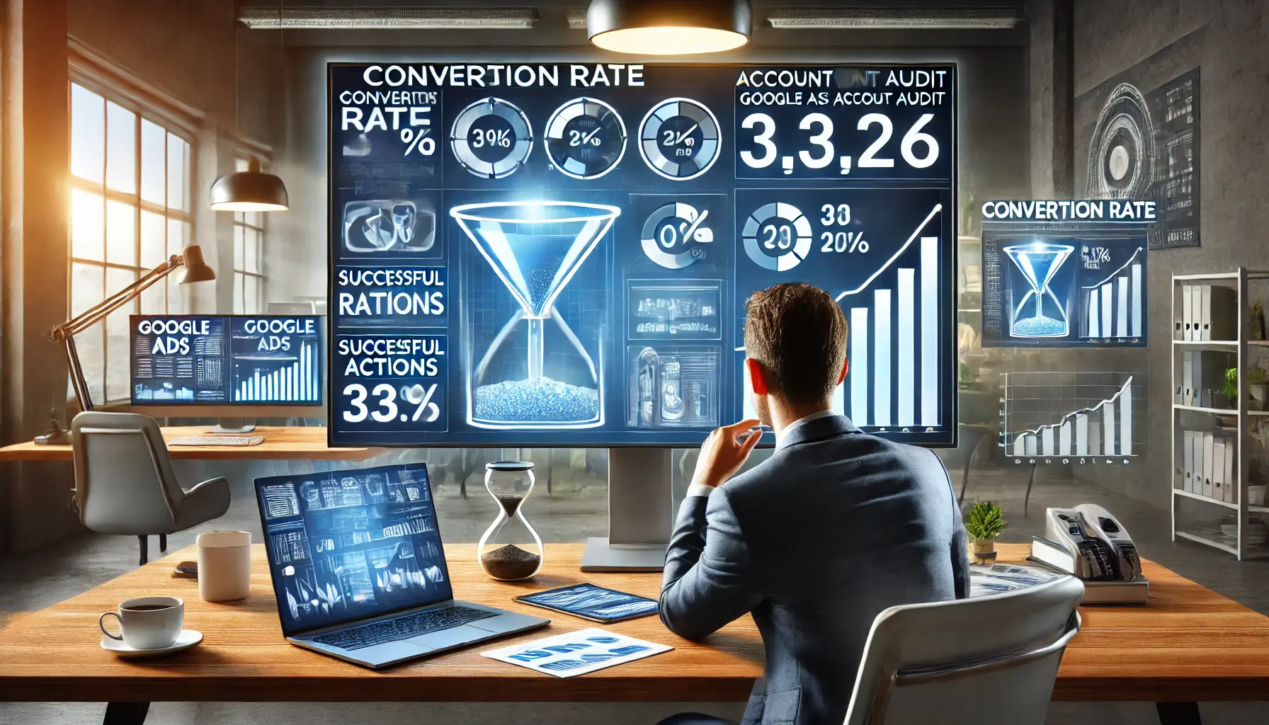 A digital marketer analyzing conversion rate trends and campaign performance on a large screen in a modern office.