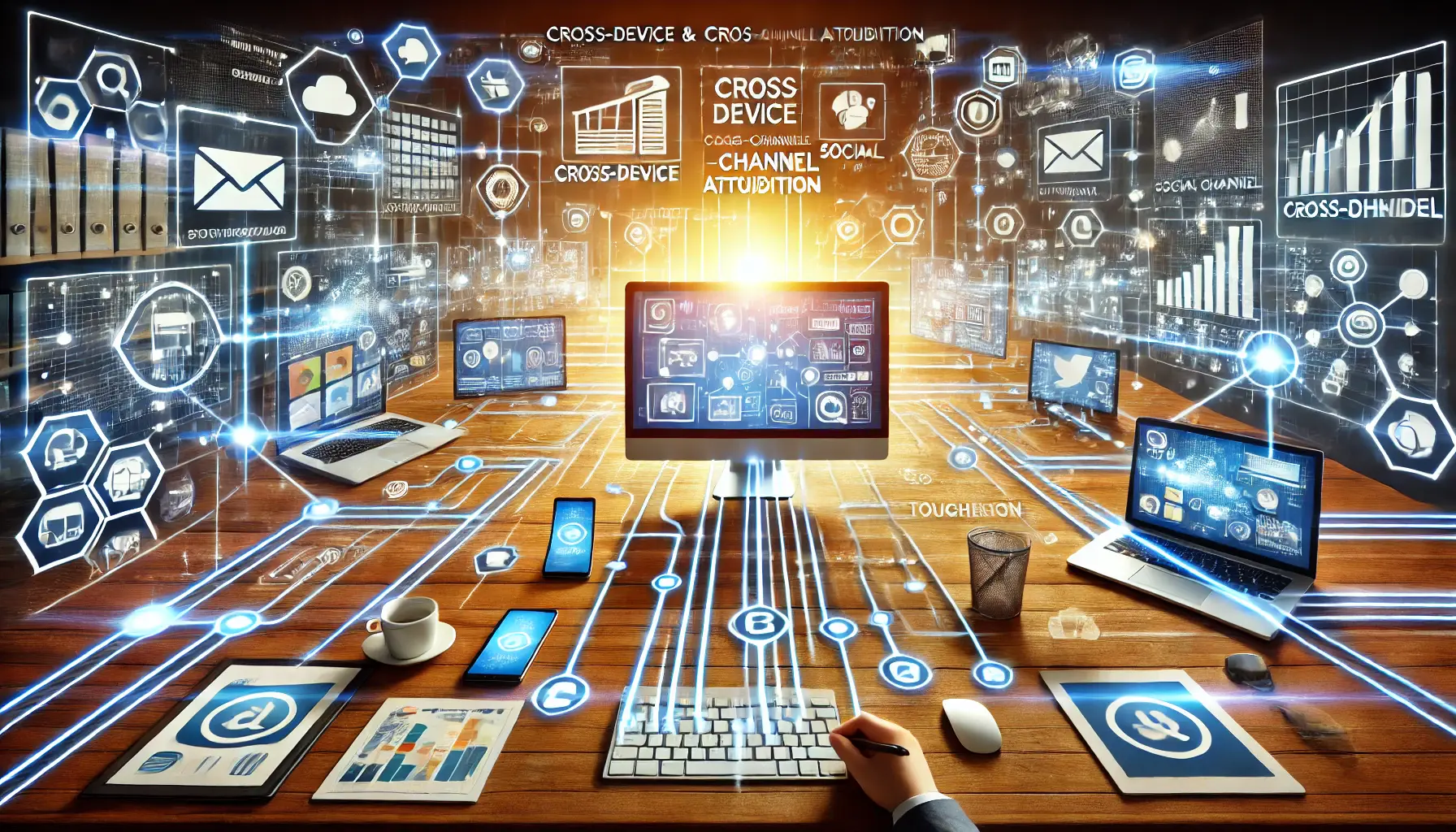 A modern workspace showing multiple devices and channels with interconnected paths representing cross-device and cross-channel attribution.