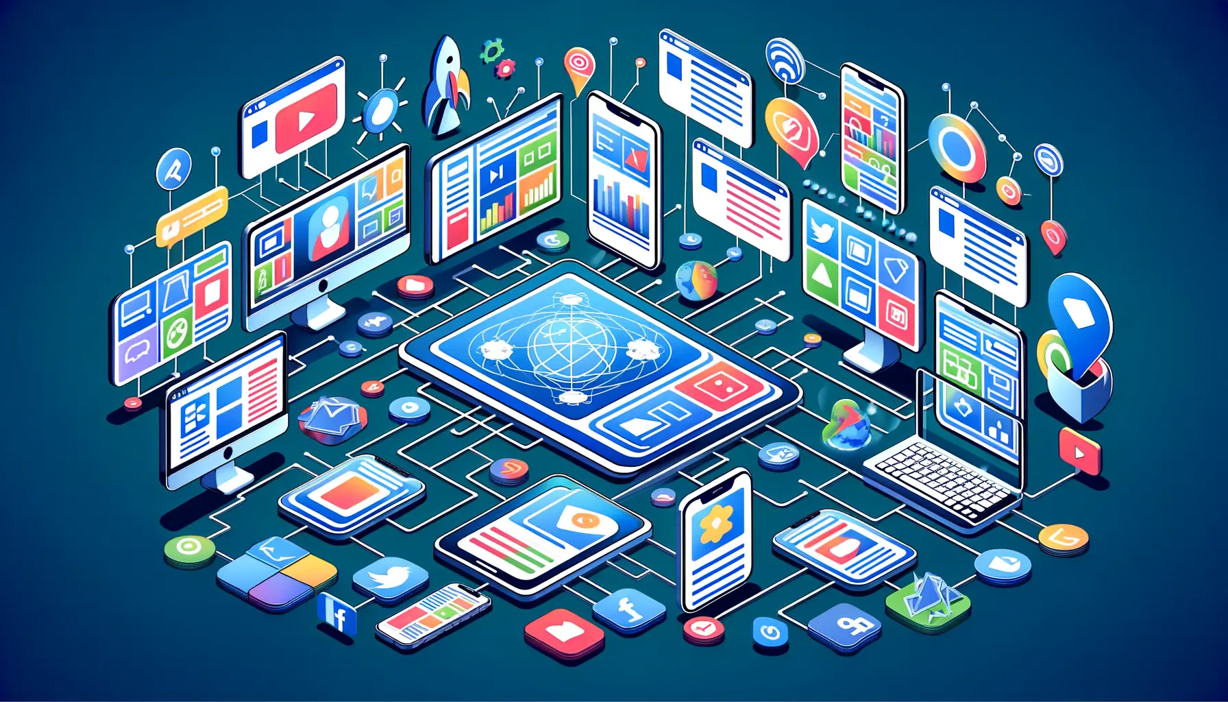 An illustration showing various ad formats like video, display banners, and social media ads connecting to different platforms such as mobile devices and desktops.