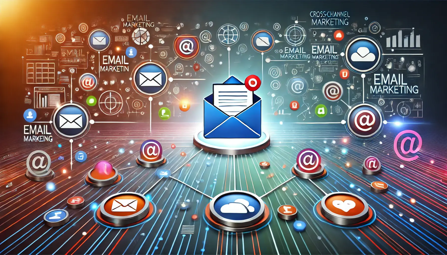 An image illustrating email marketing coordination, with interconnected email icons and symbols representing integration with various platforms like social media and websites.