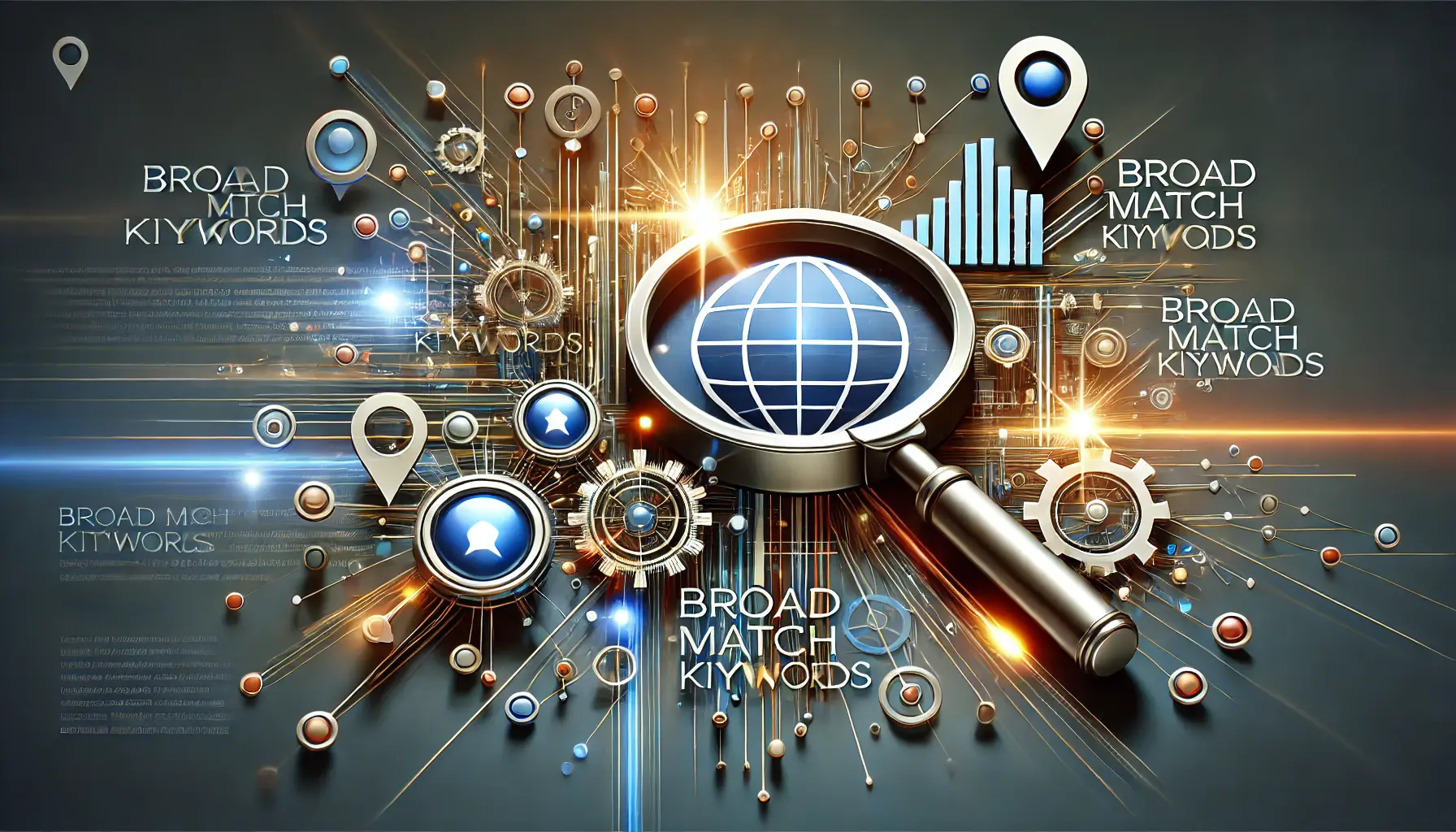 Abstract image symbolizing the emphasis on broad match keywords, featuring search icons and expanded search networks.