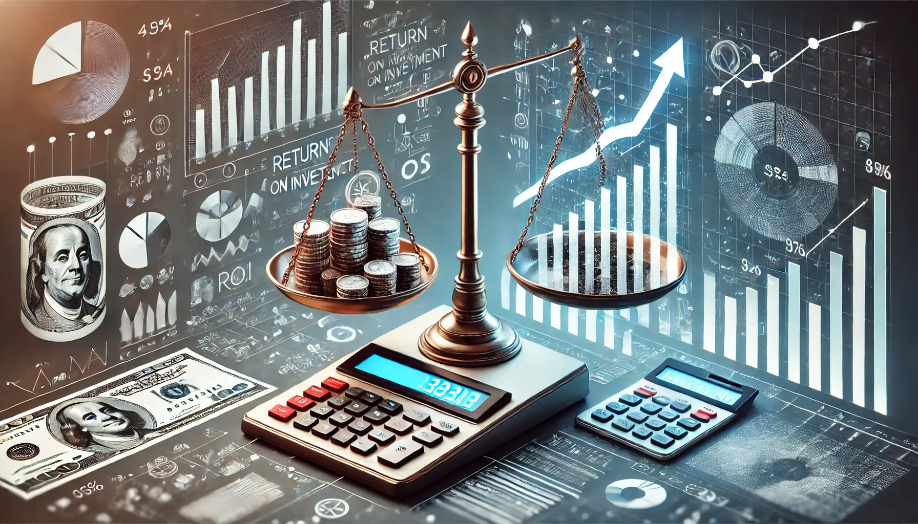 Illustration of a balanced scale with cost on one side and ROI on the other, representing cost-effectiveness evaluation in digital advertising.