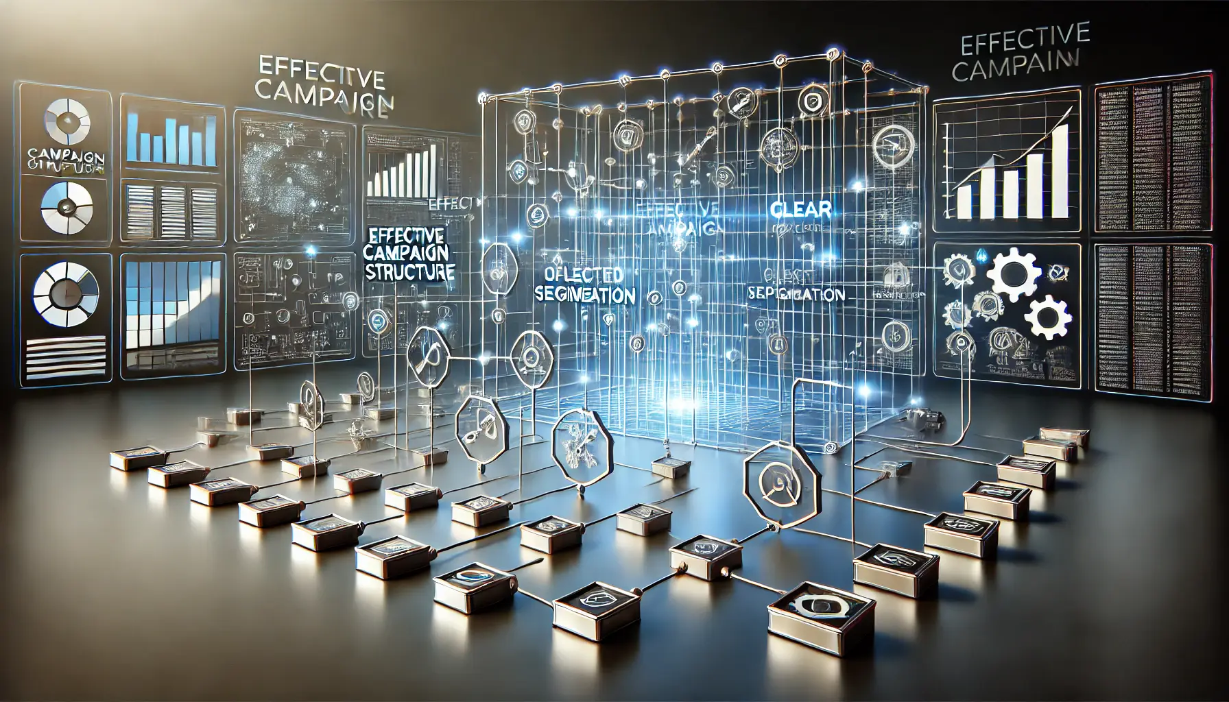 Abstract image symbolizing effective campaign structure, featuring organized grids, digital tools, and campaign segmentation.