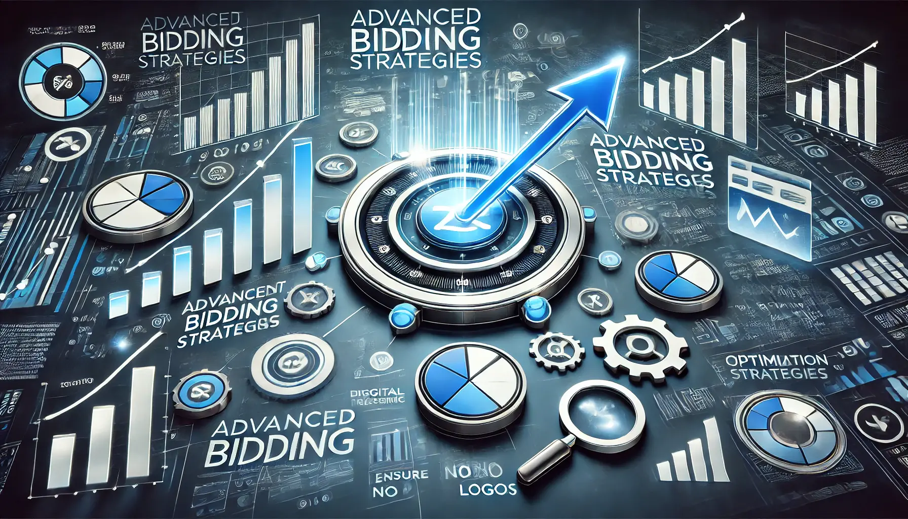 Abstract image symbolizing advanced bidding strategies in digital marketing, featuring bidding icons and upward trending graphs.