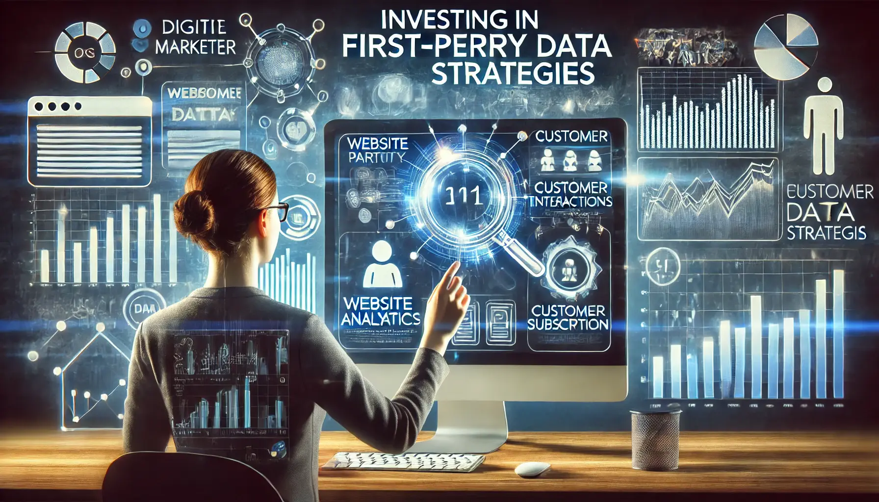 Digital artwork showing a digital marketer analyzing first-party data on a modern computer screen, with visuals of website analytics, customer interactions, and email subscriptions.