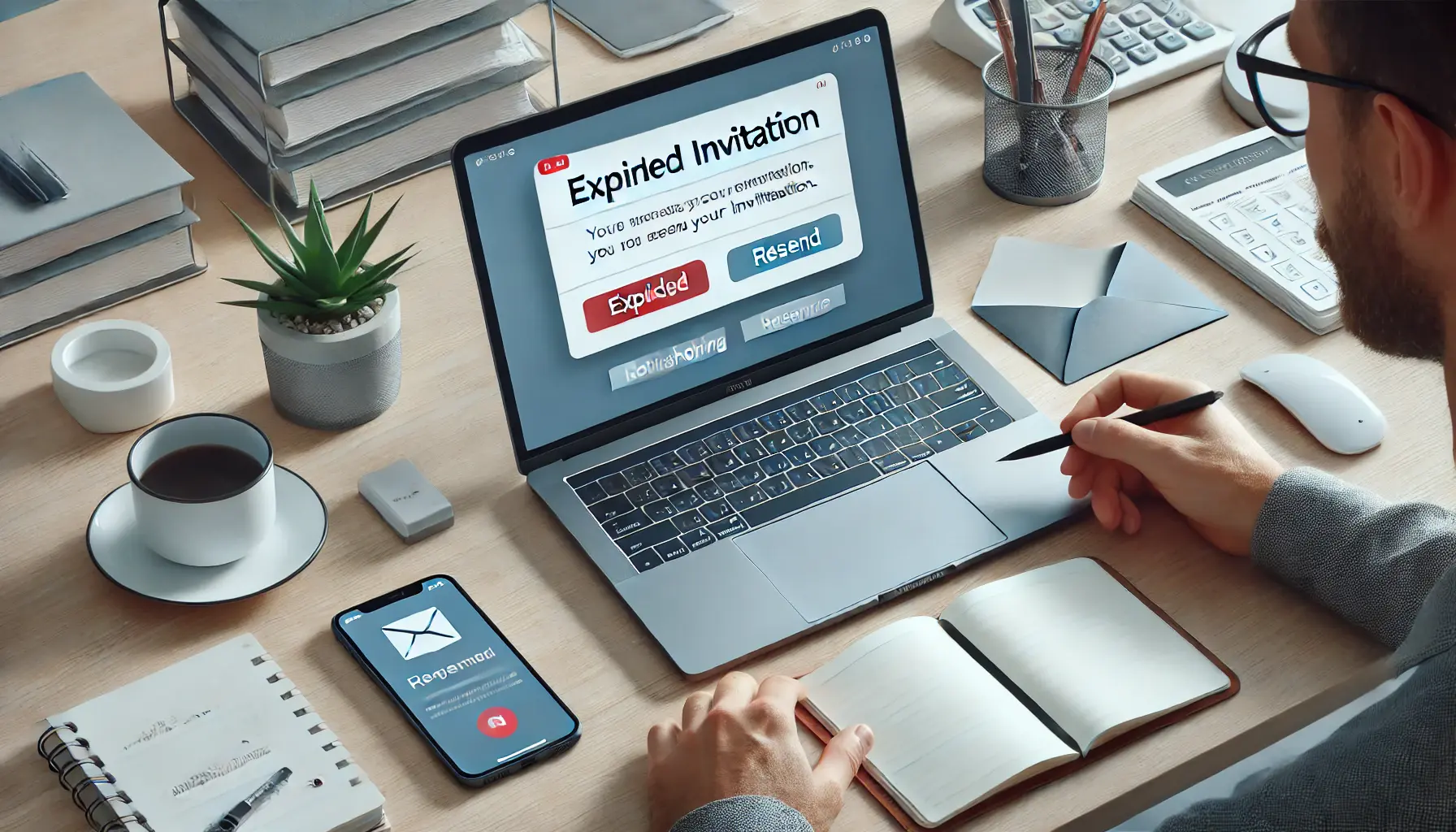 A person addressing the issue of an expired invitation on a laptop in a modern office, symbolizing the process of resolving expired invitation issues.