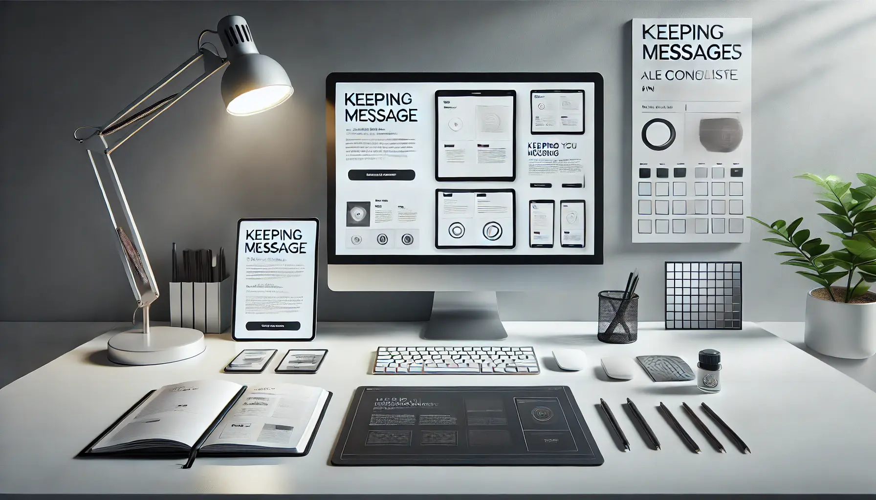 A minimalist workspace with a monitor displaying a clean ad design and tools like notes and a tablet previewing the ad.