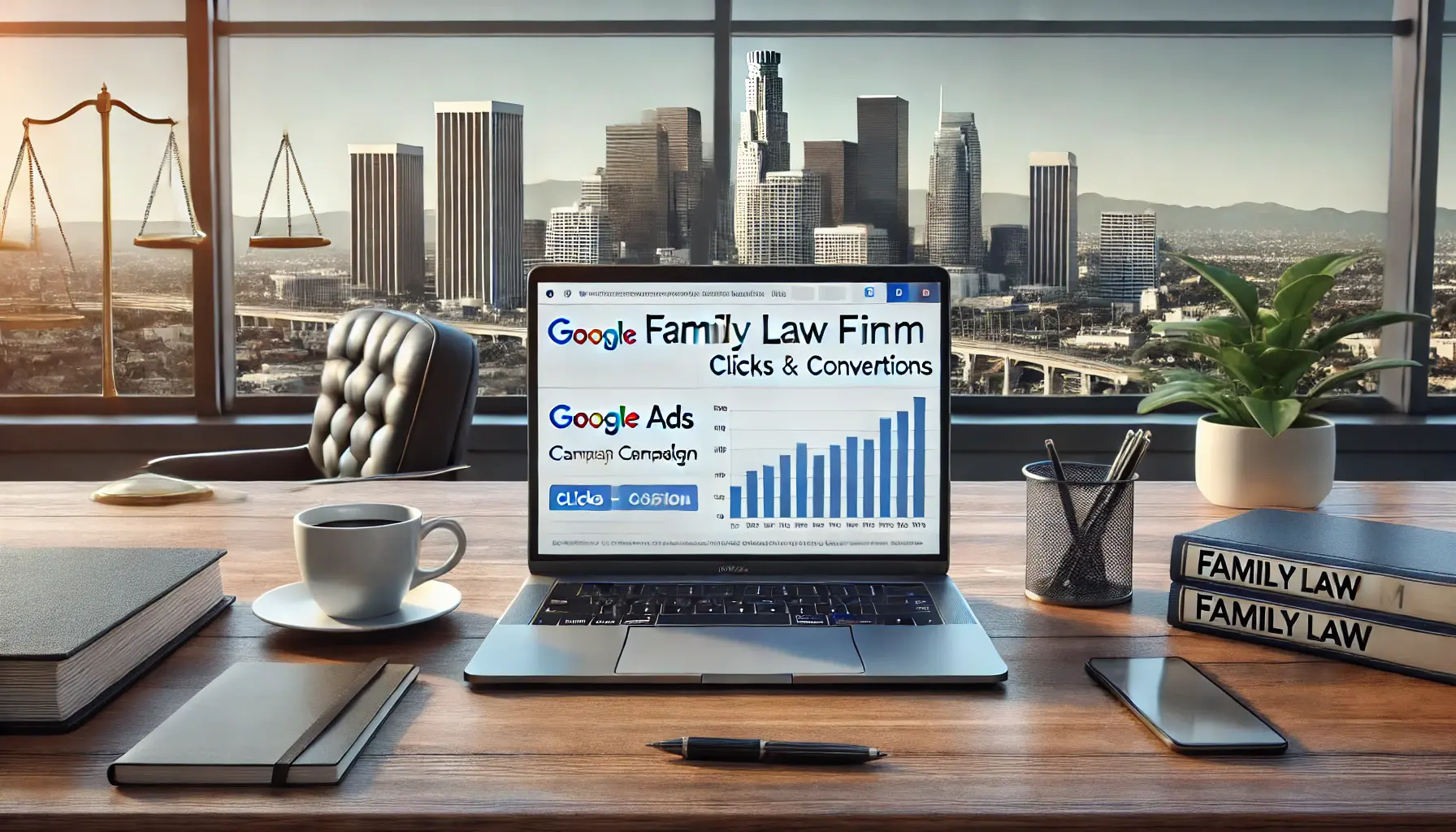 A modern office desk in Los Angeles with a laptop displaying a Google Ads campaign for a family law firm, with the Los Angeles skyline visible in the background.