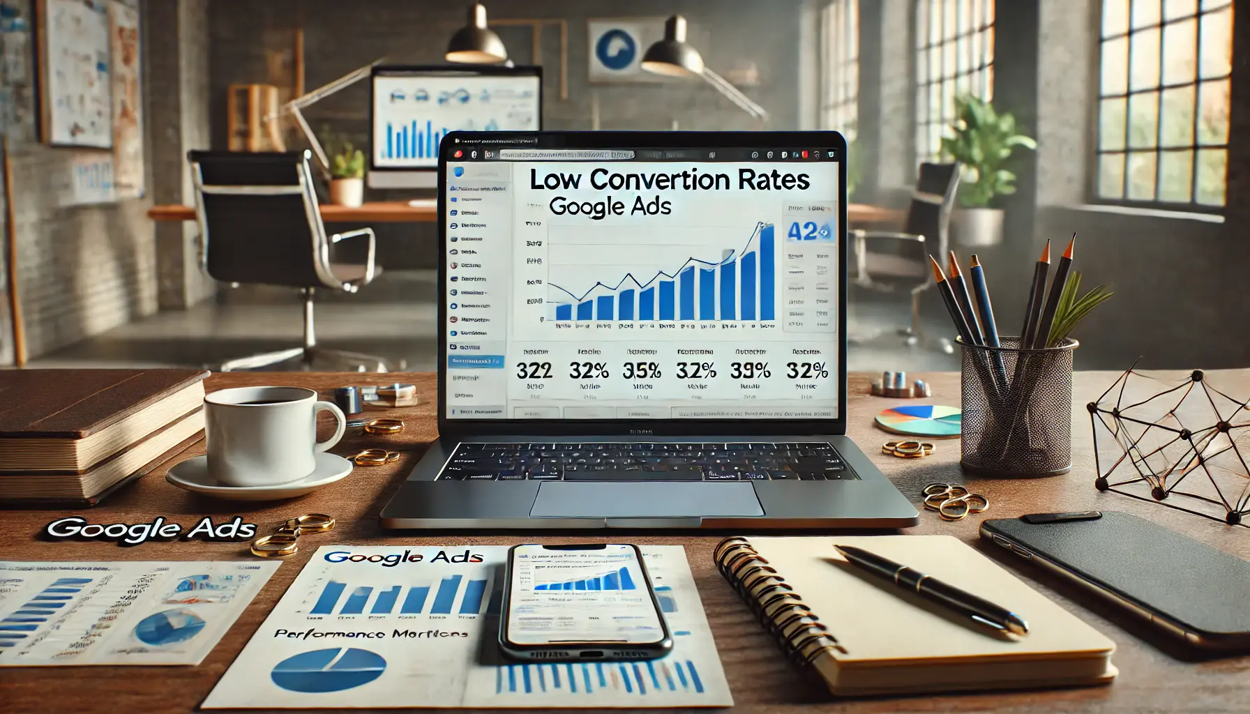 A laptop displaying a Google Ads dashboard with a graph showing low conversion rates, surrounded by a smartphone, notebook, coffee cup, and performance metrics charts in a modern office setting.