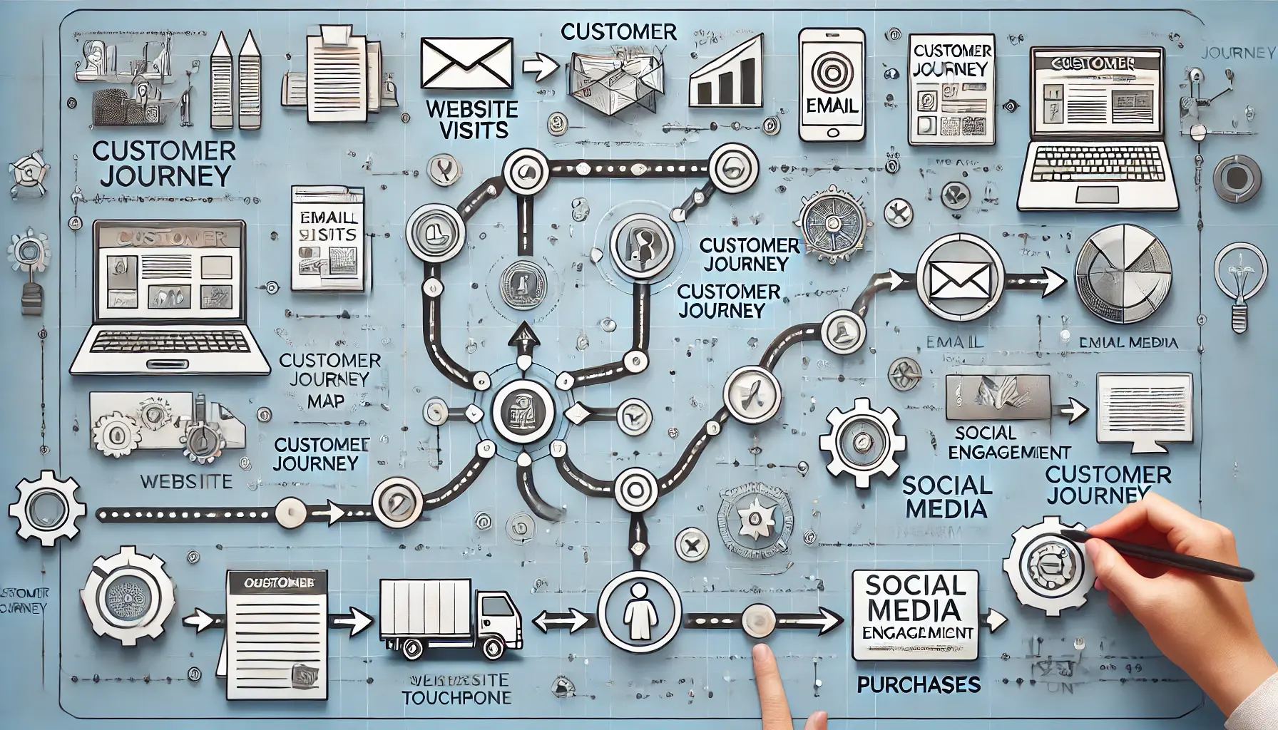 An image illustrating the mapping of the customer journey, with multiple touchpoints like website visits, email, social media, and purchases connected by arrows.