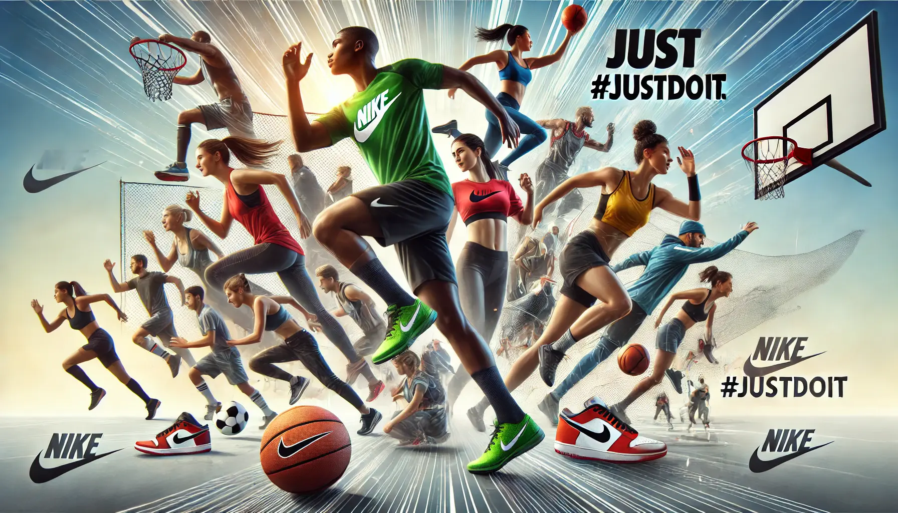 An illustration showing athletes engaged in various sports activities, symbolizing energy and empowerment, similar to Nike's #JustDoIt campaign.