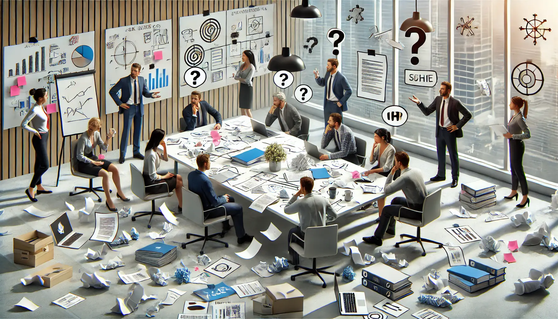 A team in a meeting room showing confusion and disorganization, symbolizing the lack of defined roles and responsibilities.