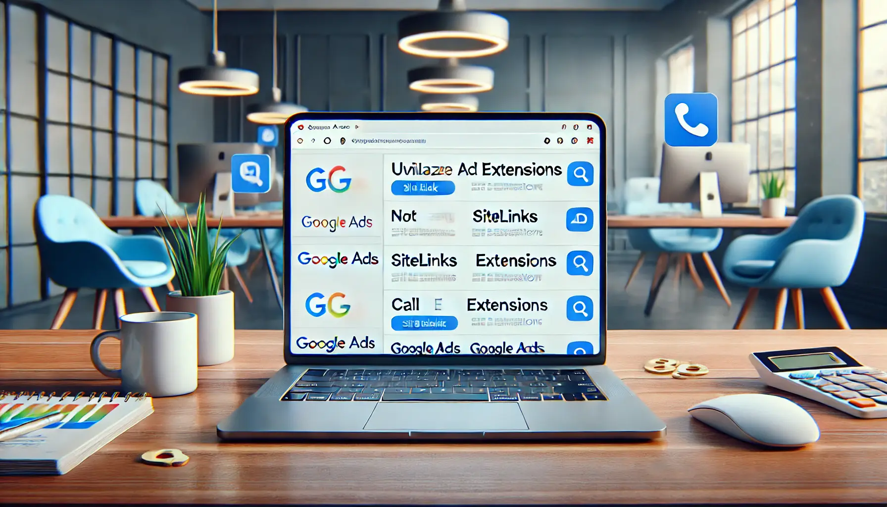 A digital workspace with a laptop showing a Google Ads dashboard with ad slots missing additional information such as sitelinks and call extensions.