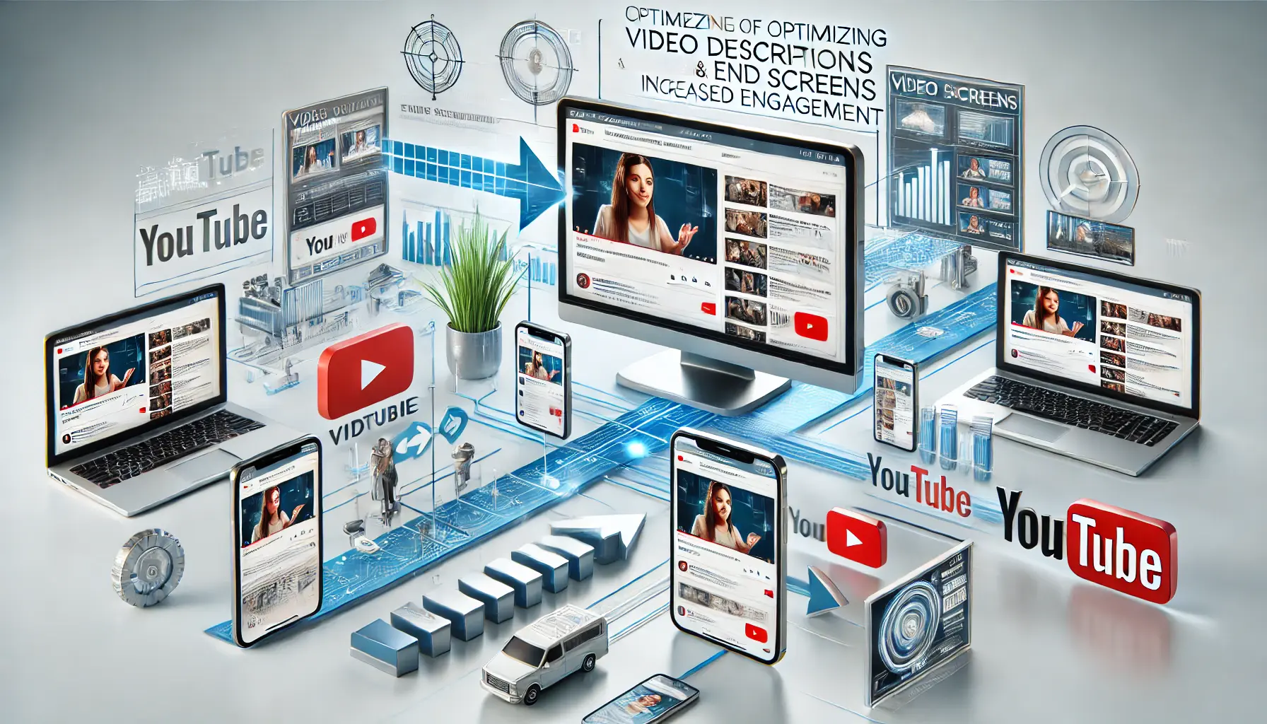 An illustration showing a YouTube video player with an optimized description area and end screen, displayed on devices like smartphones, tablets, and computers.