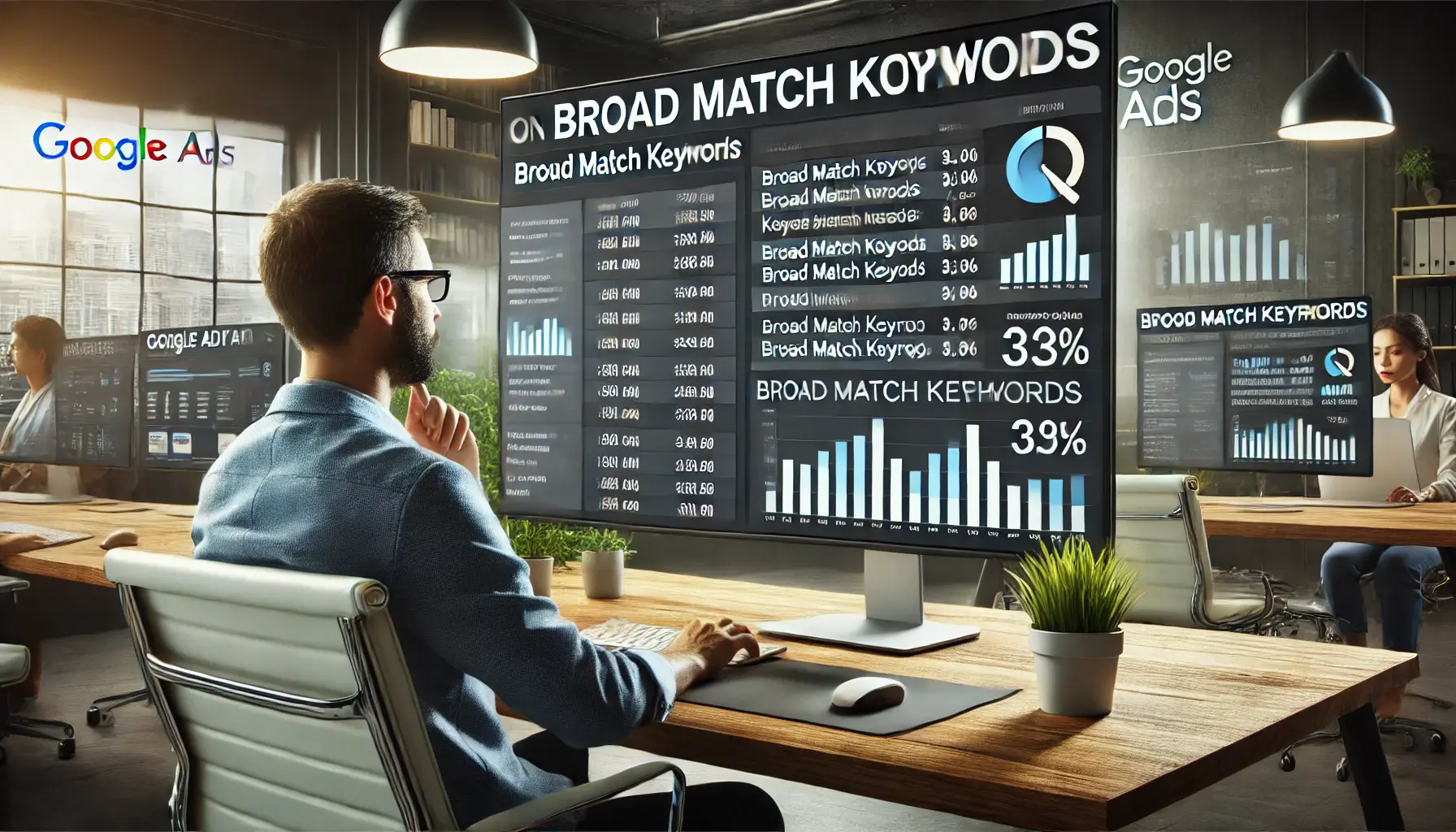 A digital marketing professional analyzing Google Ads performance data, with broad match keywords highlighted for irrelevant traffic in a modern office setting.