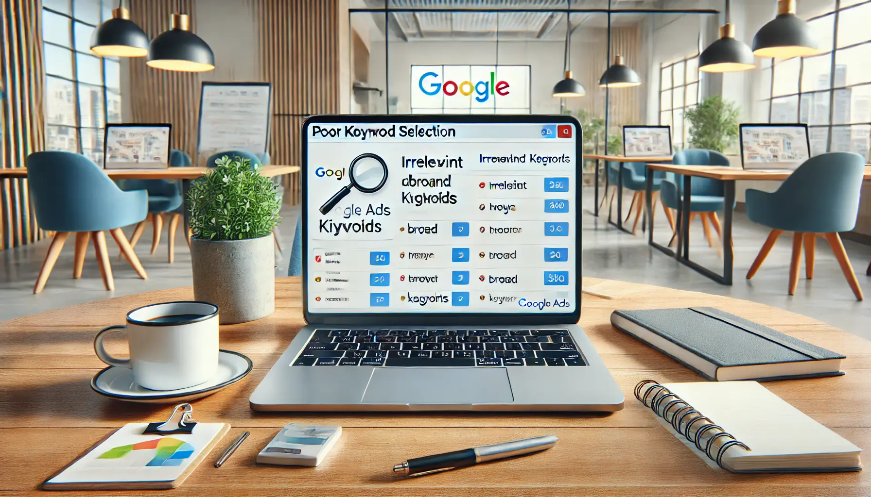 A modern office workspace with a laptop displaying a Google Ads keyword interface showing irrelevant and broad keywords being selected, surrounded by a notepad, coffee cup, and pen.