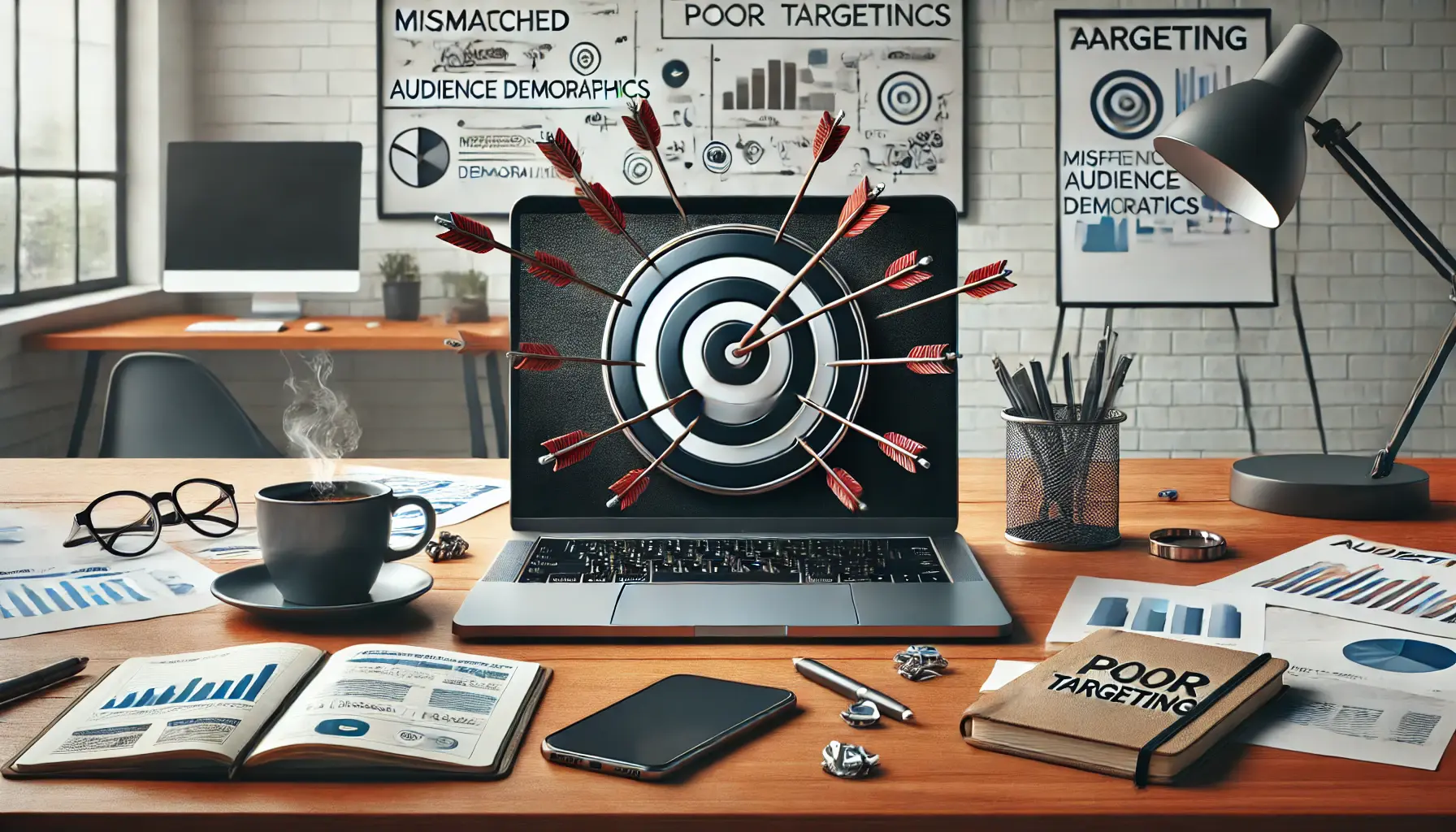 Professional workspace showing a laptop with a target and arrows scattered outside the center, symbolizing poor targeting.