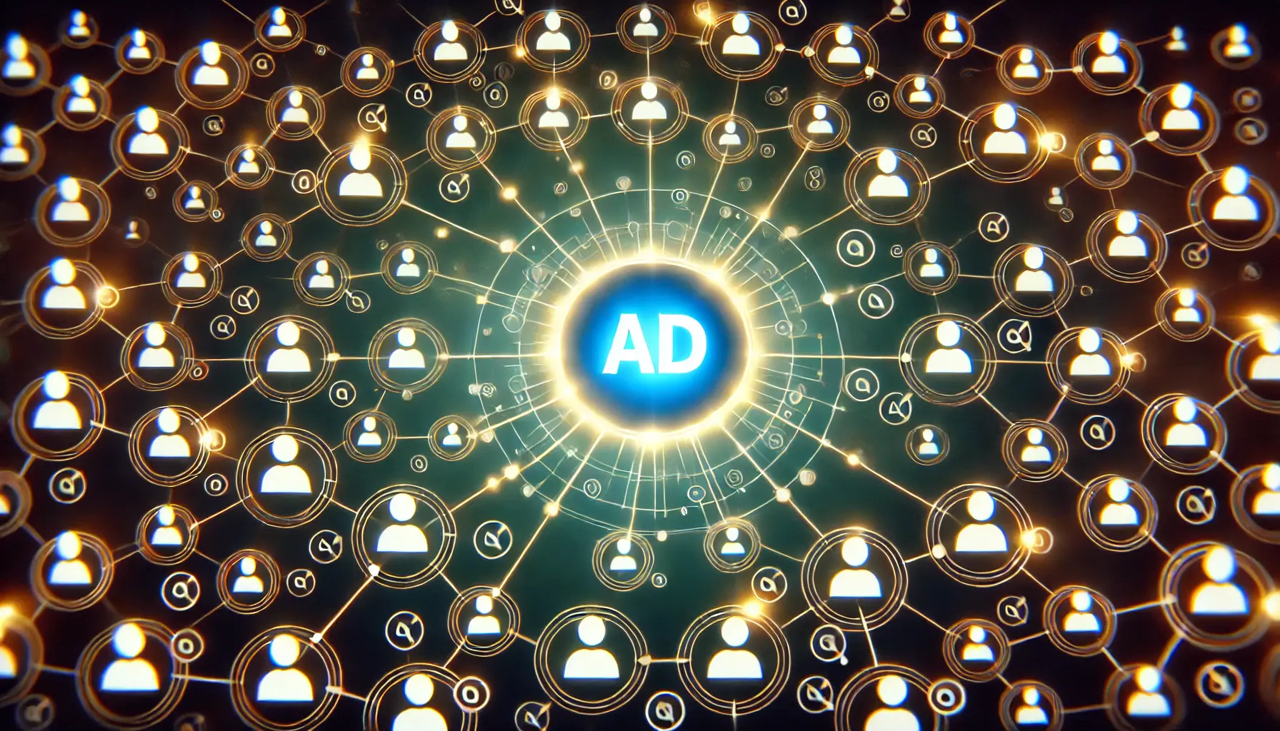 An illustration showing a glowing ad icon surrounded by interconnected nodes, representing the broad audience reach in advertising.