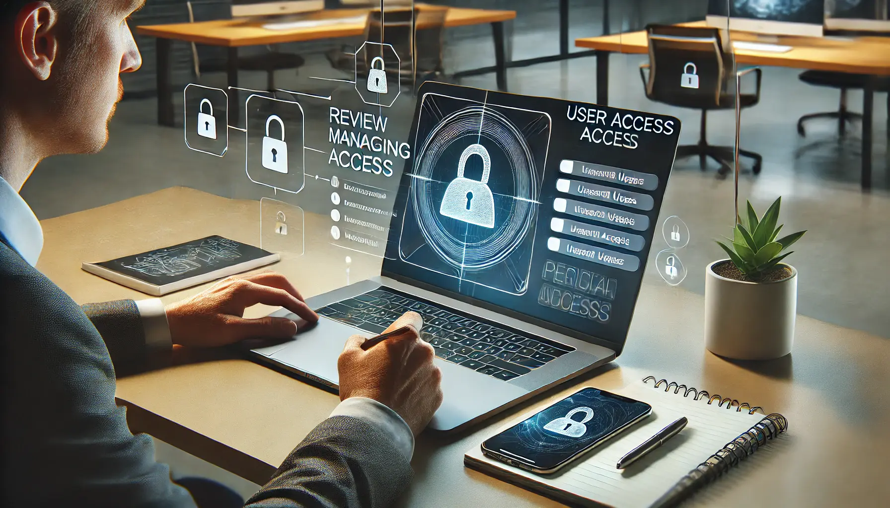 A person reviewing and managing user access on a laptop in a modern office, symbolizing the process of periodic user access review.