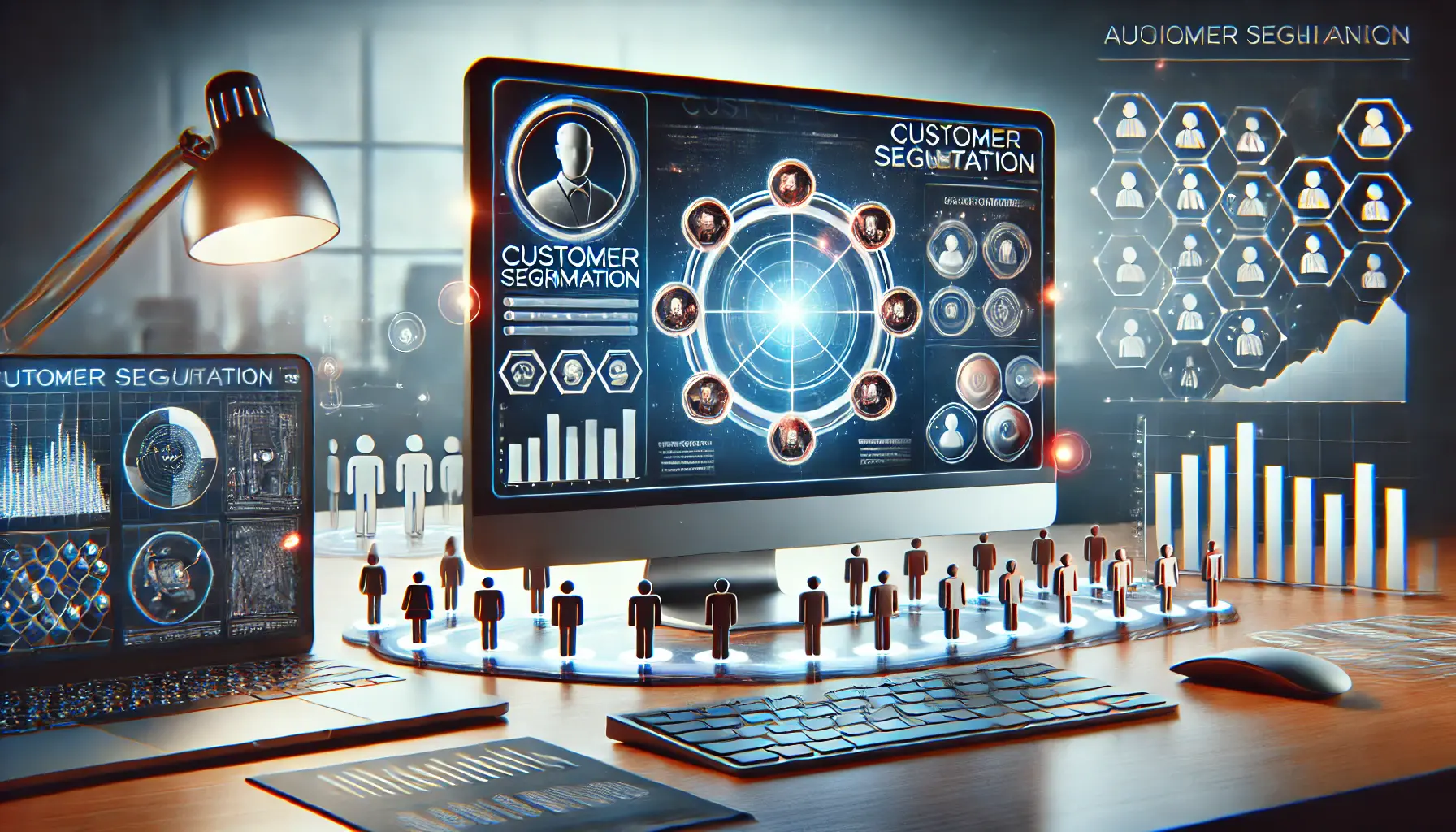 A modern digital workspace with a computer screen displaying customer segmentation data, showing various groups of customers with different preferences and behaviors.