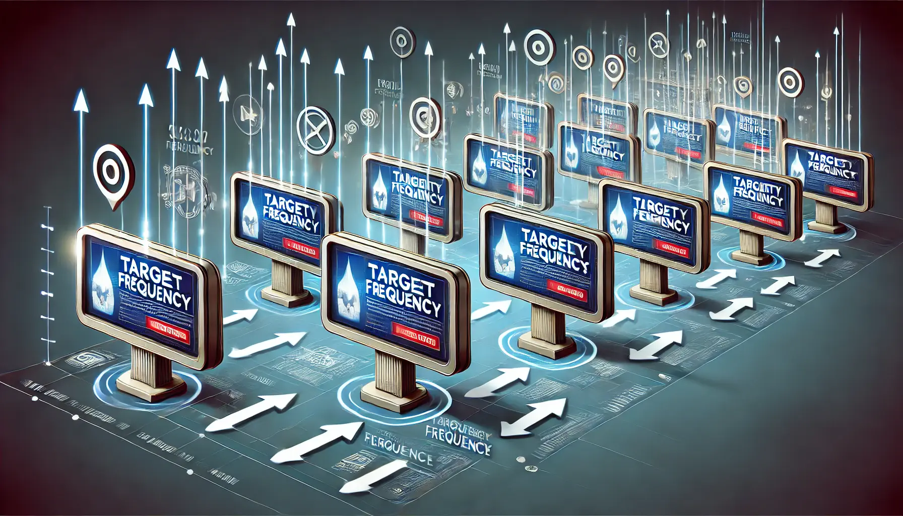 An illustration showing multiple digital screens or billboards with repeated impressions of an ad, symbolizing target frequency campaigns.