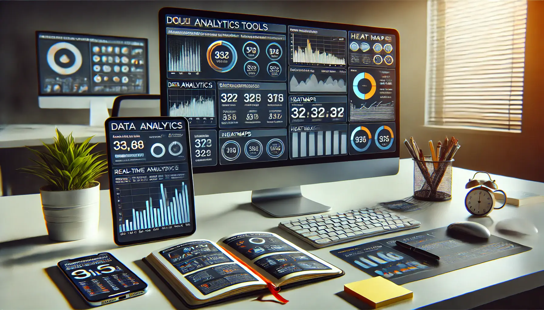 A professional workspace with a monitor showing an analytics dashboard, a tablet with heatmaps, and tools for data analysis.