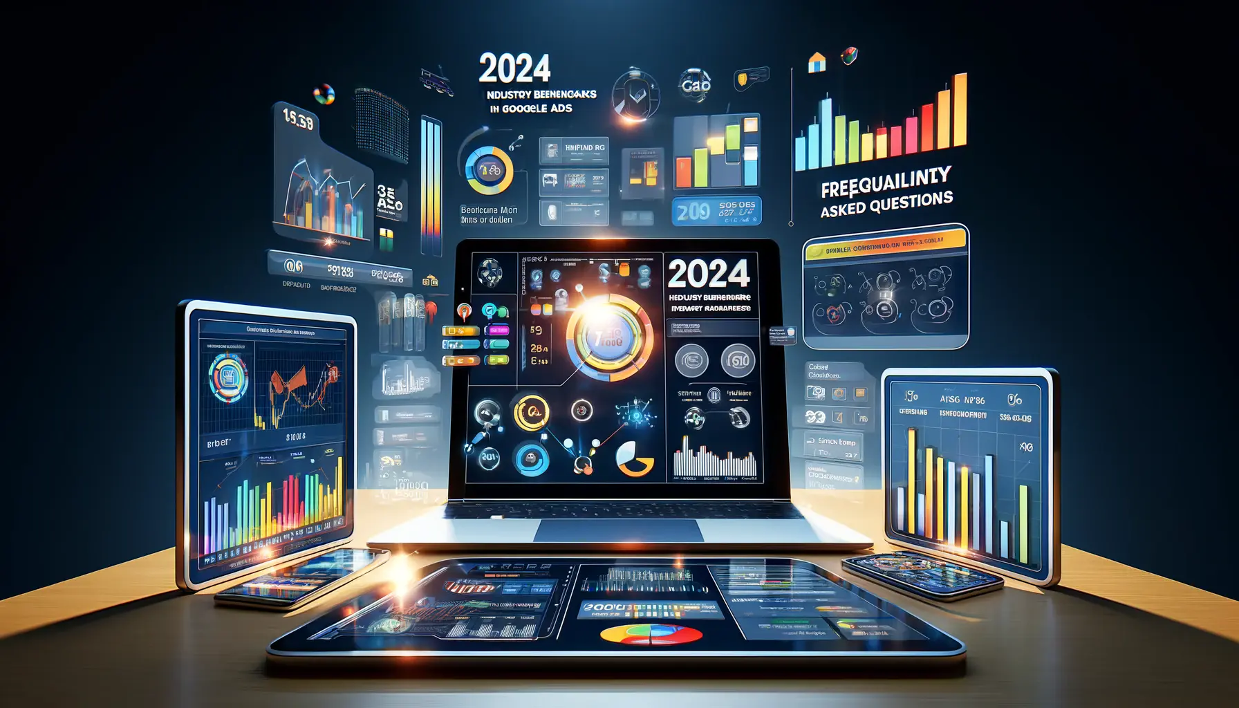 Visualization of frequently asked questions about Google Ads benchmarks with devices displaying performance metrics.