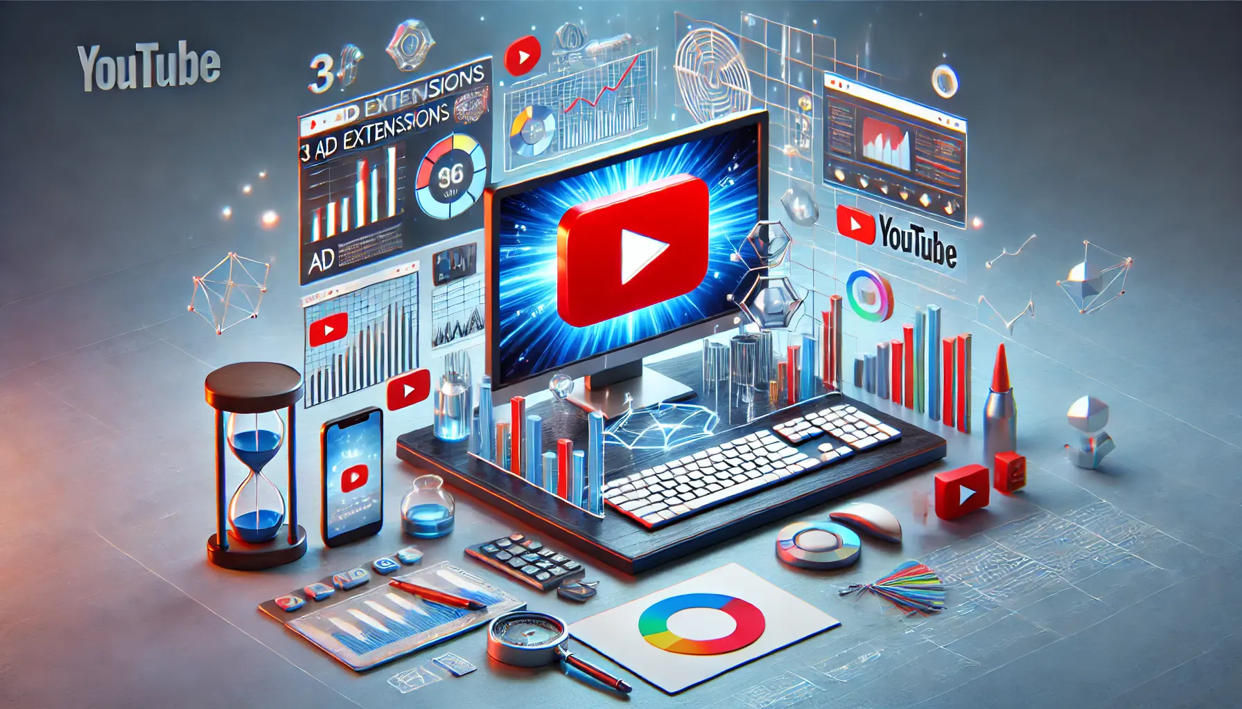 A digital marketing workspace with YouTube's play button on a computer screen surrounded by data graphs and marketing tools.