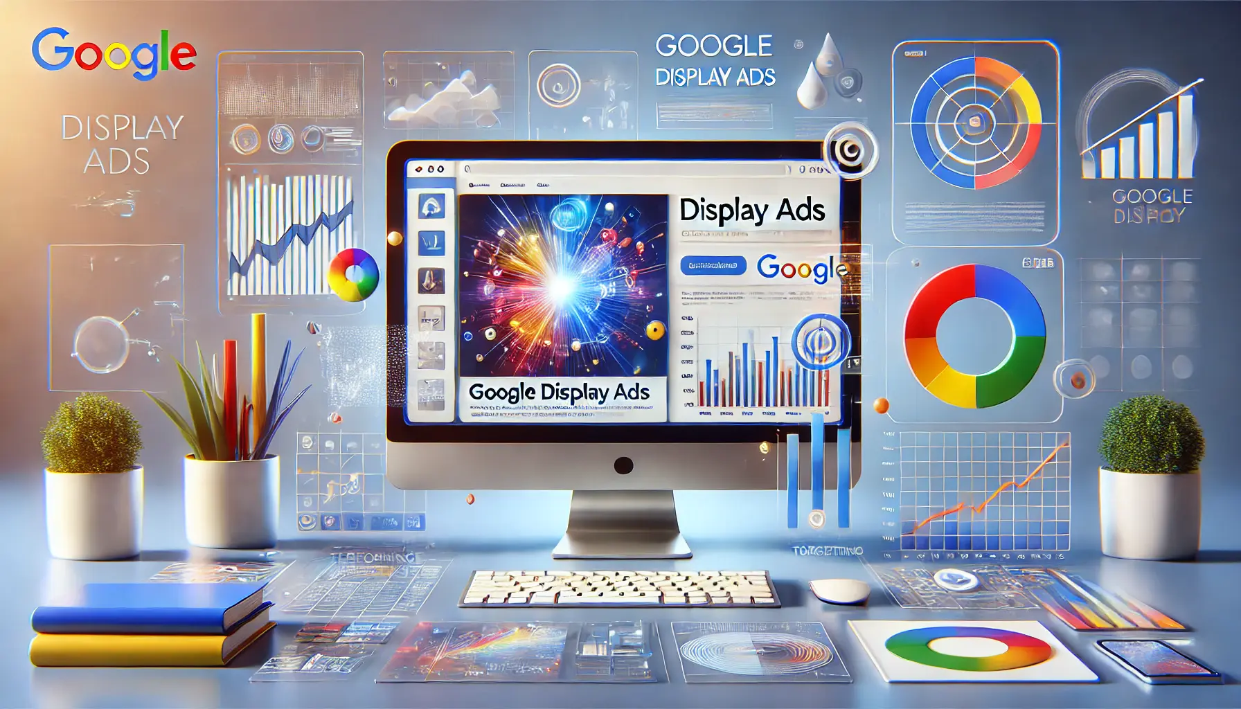 A computer screen displaying colorful advertisements with analytics elements like charts and digital icons in a modern, clean setup.