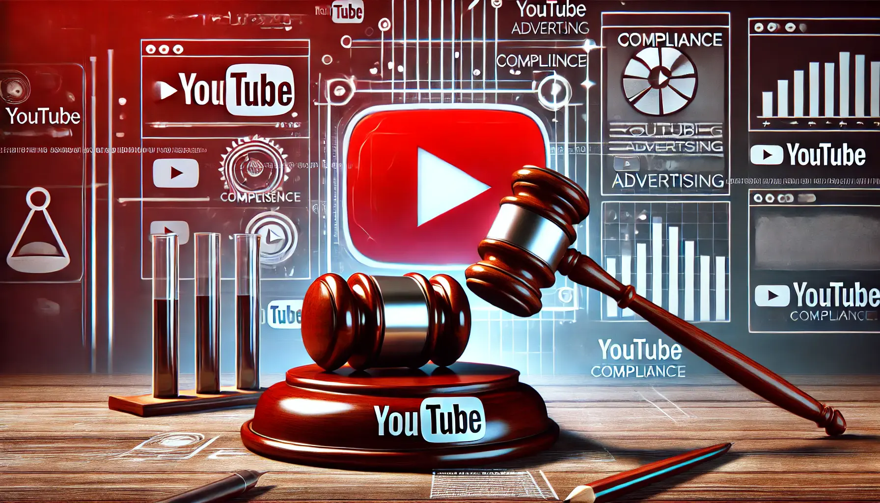 A featured image depicting YouTube advertising compliance with a stylized play button, gavel, and digital ad layout.