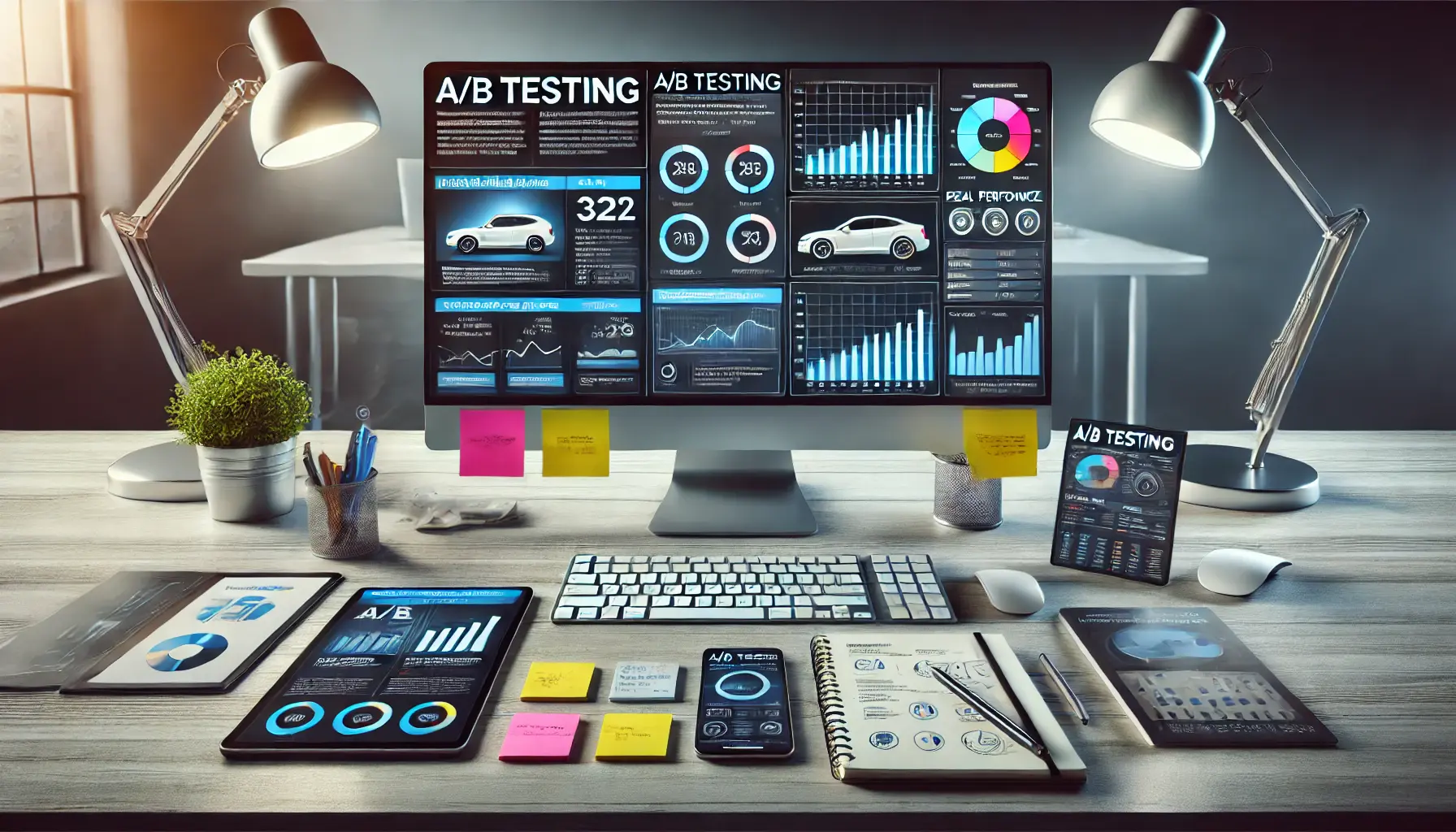 A modern workspace with dual monitors showing A/B ad variations and performance metrics, surrounded by testing tools.