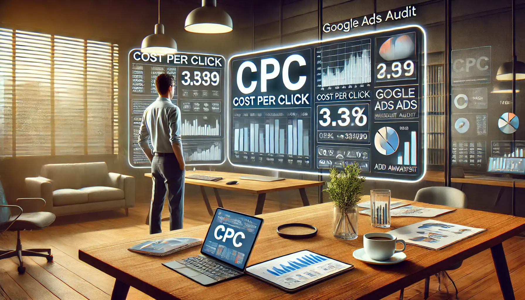 A digital marketer analyzing cost per click (CPC) data and ad performance metrics on a large screen in a modern office.