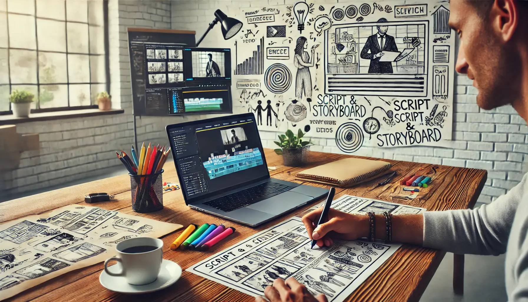 Creative workspace with hand-drawn storyboard sketches, a laptop with video editing software, and brainstorming materials.